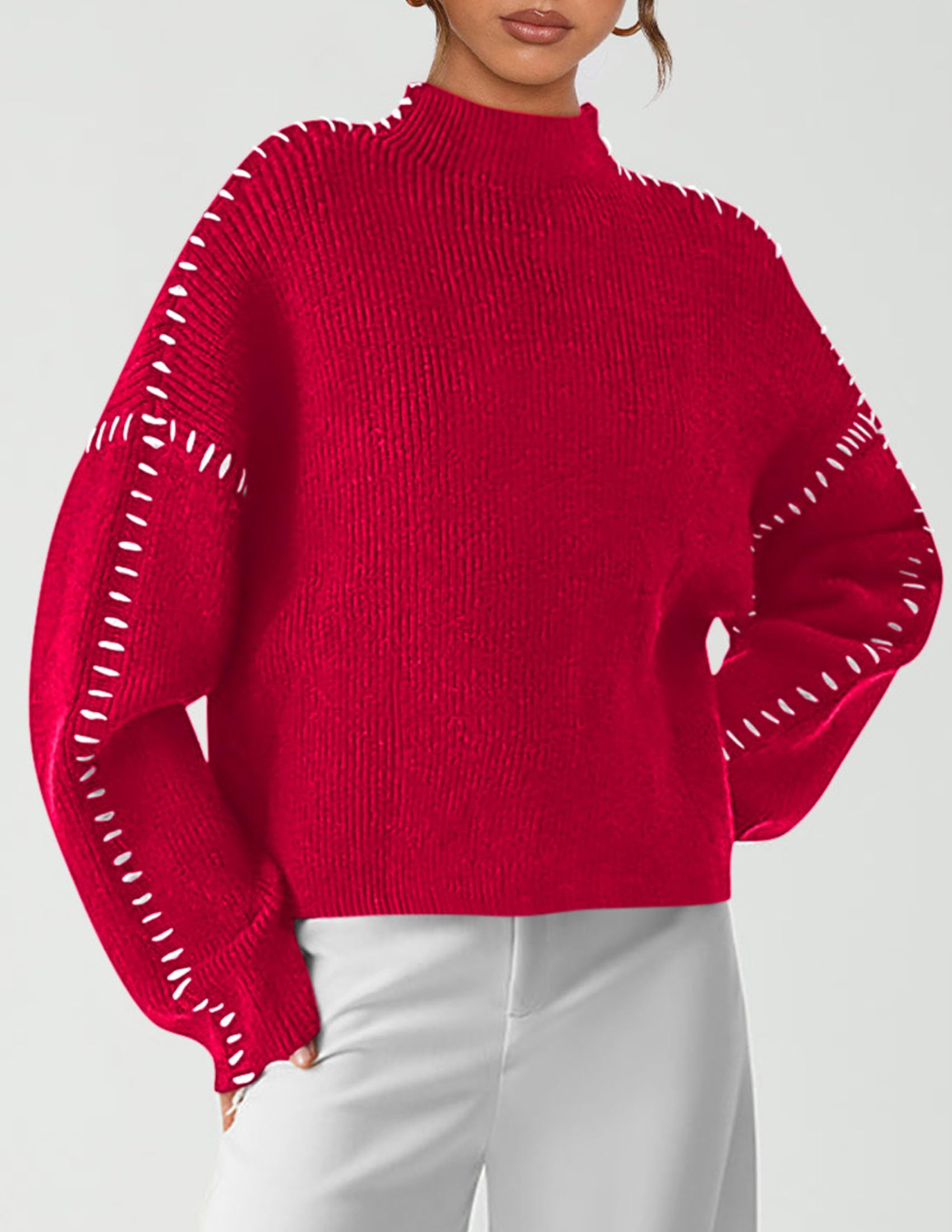Womens Chunky Knit Oversized Pullover Sweaters,Red,S