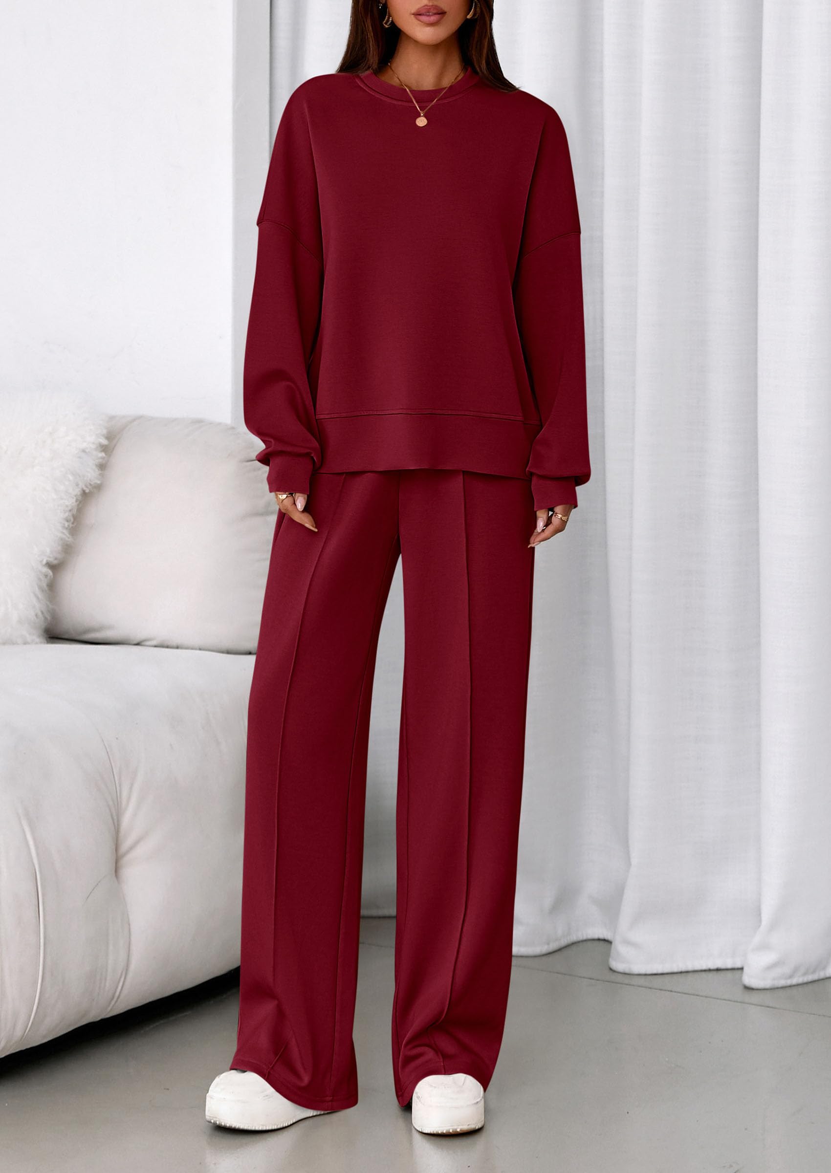 Womens Long Sleeve Sweatshirt 2 Piece Sets,Wine Red,S