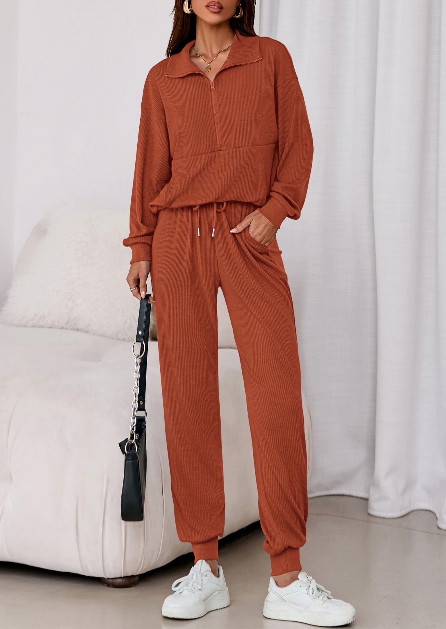 Airport Travel Outfit Women Ribbed Knit Matching Lounge Sets