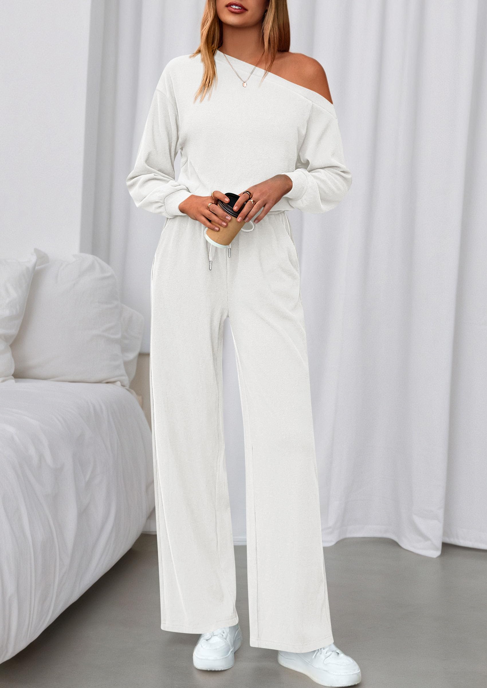 Womens Off Shoulder Long Sleeve Jumpsuit,White,M
