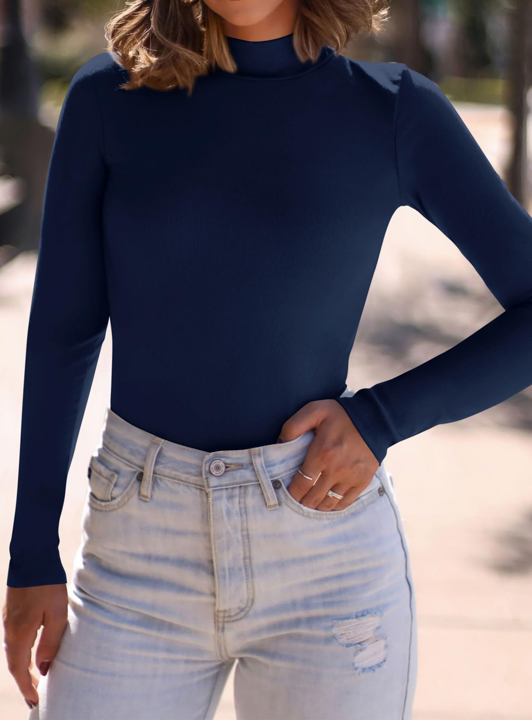 Womens Mock Turtleneck Fall Long Sleeve Shirts,Navy,XS