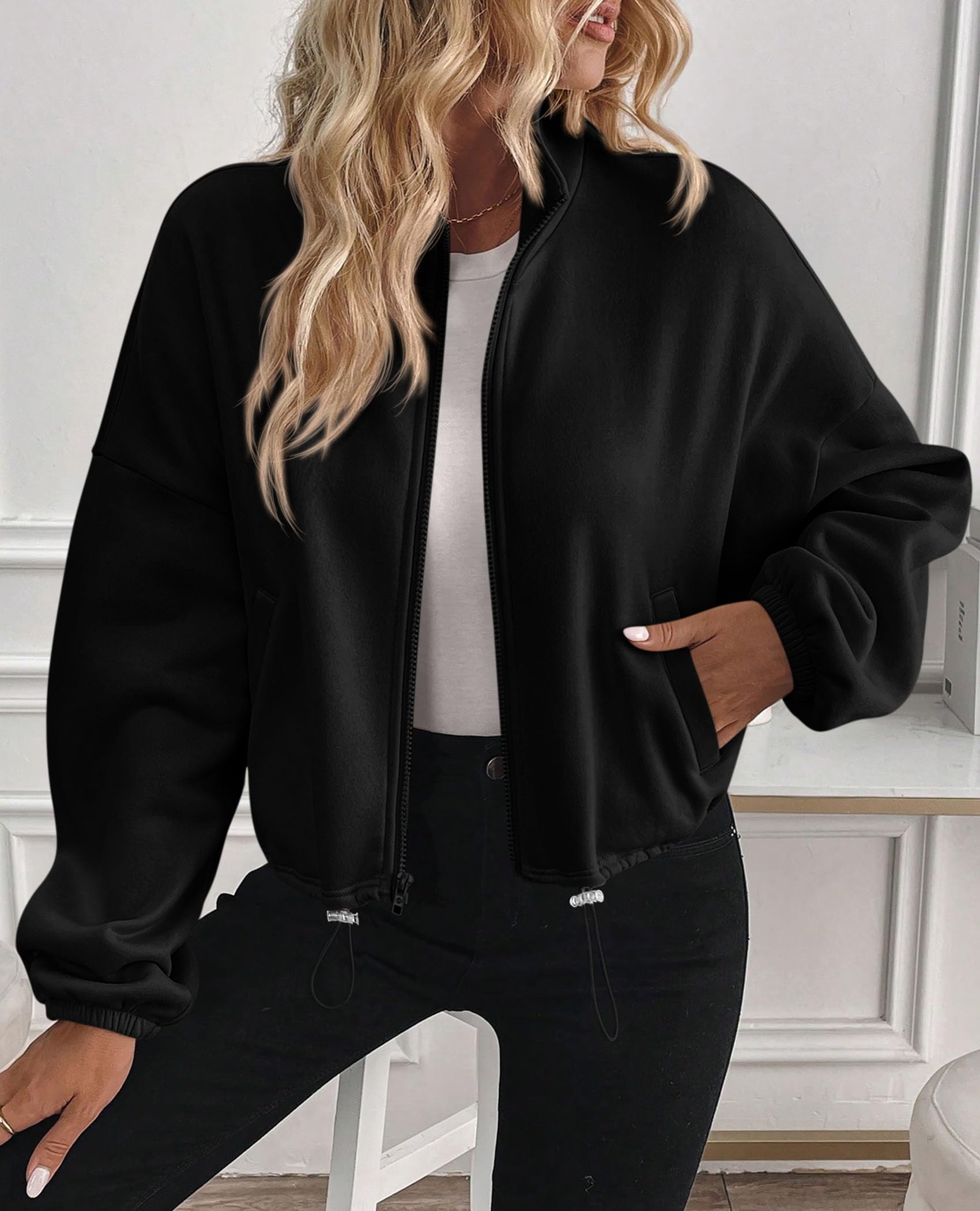 Women's Cropped Jacket Zip Up Fleece Sweatshirt Fall Outfits