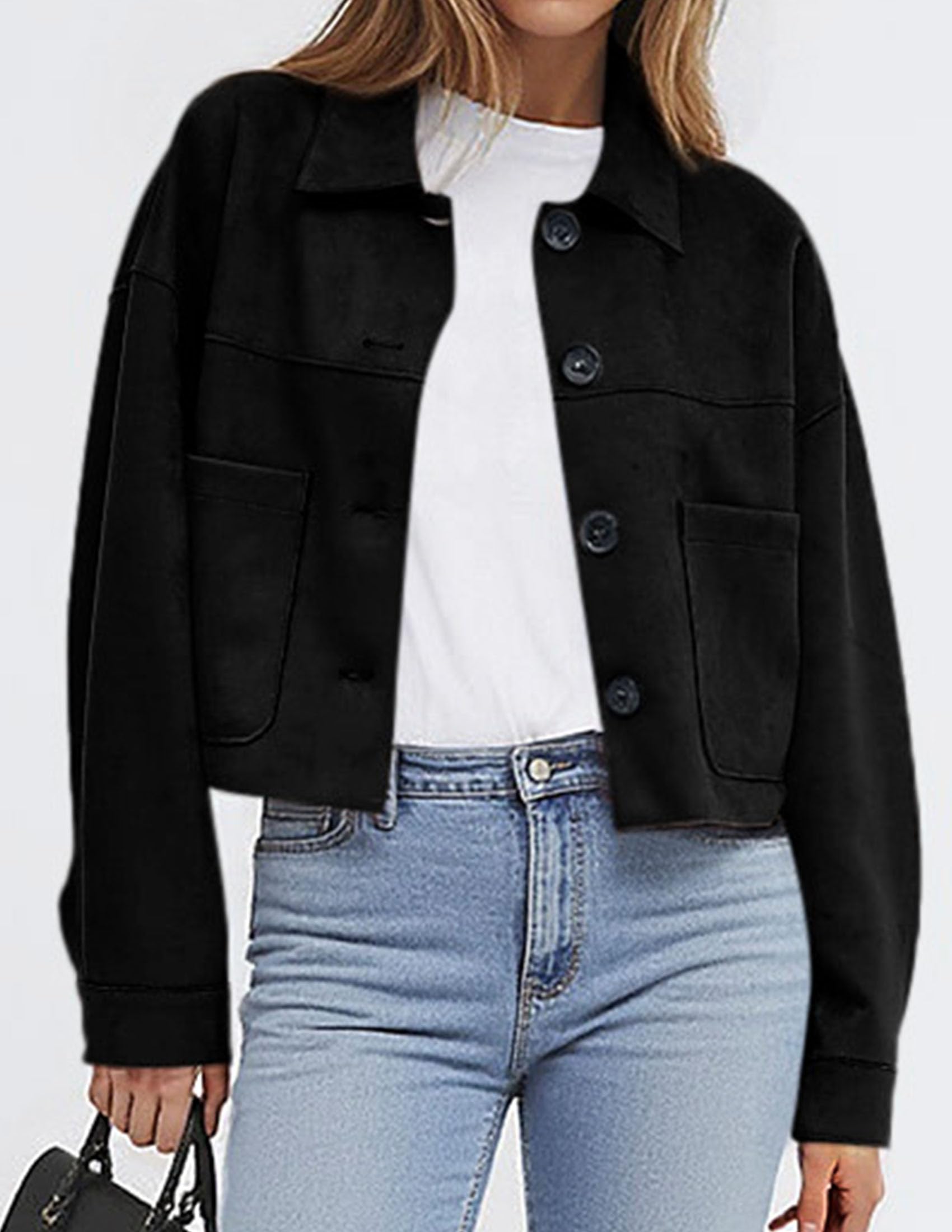 Women's Faux Suede Shacket Jackets Lightweight Cropped Coats