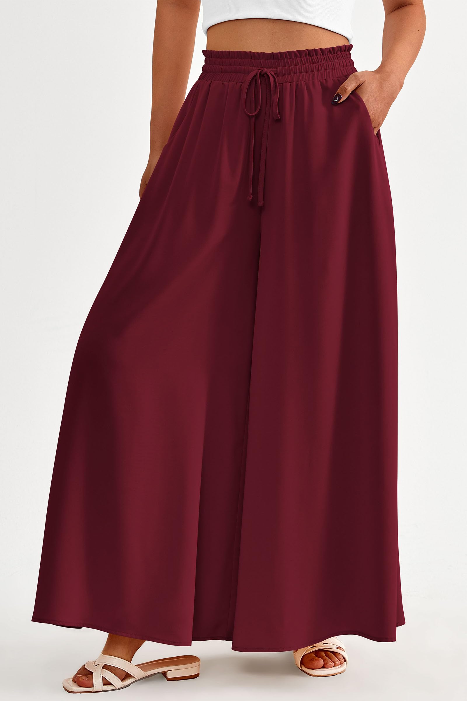 Summer Wide Leg Palazzo Pants for Women Casual,Wine Red,S