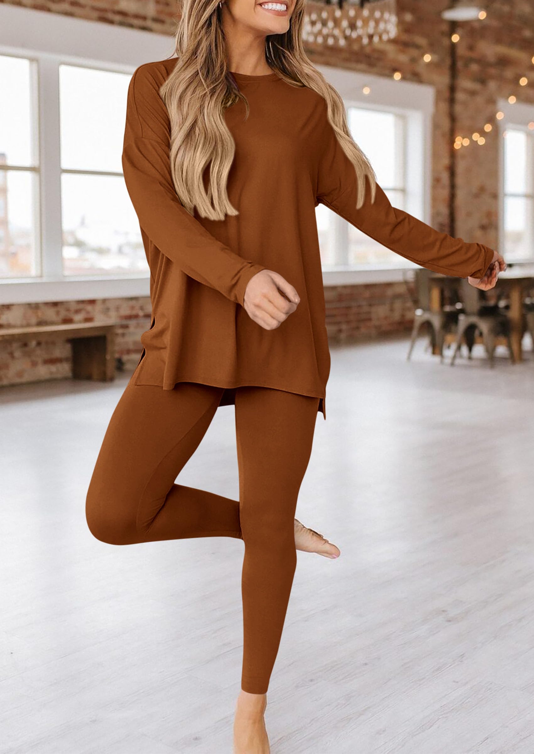 Women's 2 Piece Outfits Matching Lounge Sets,Caramel,S