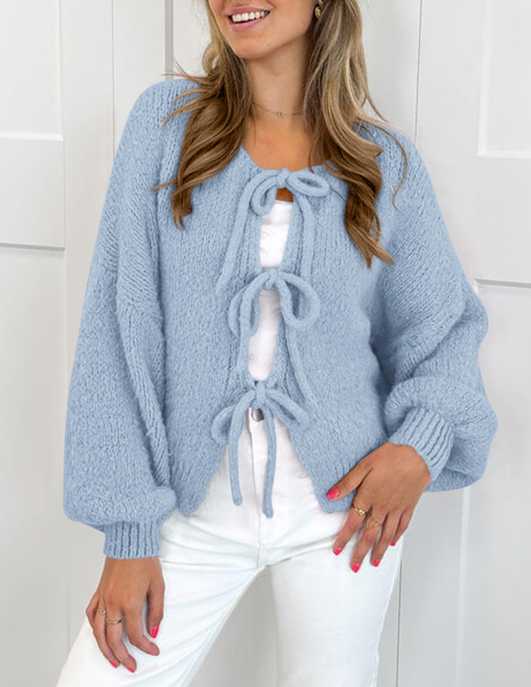 Women's Tie Front Bow Cardigan Sweaters(Sky Blue,Medium)