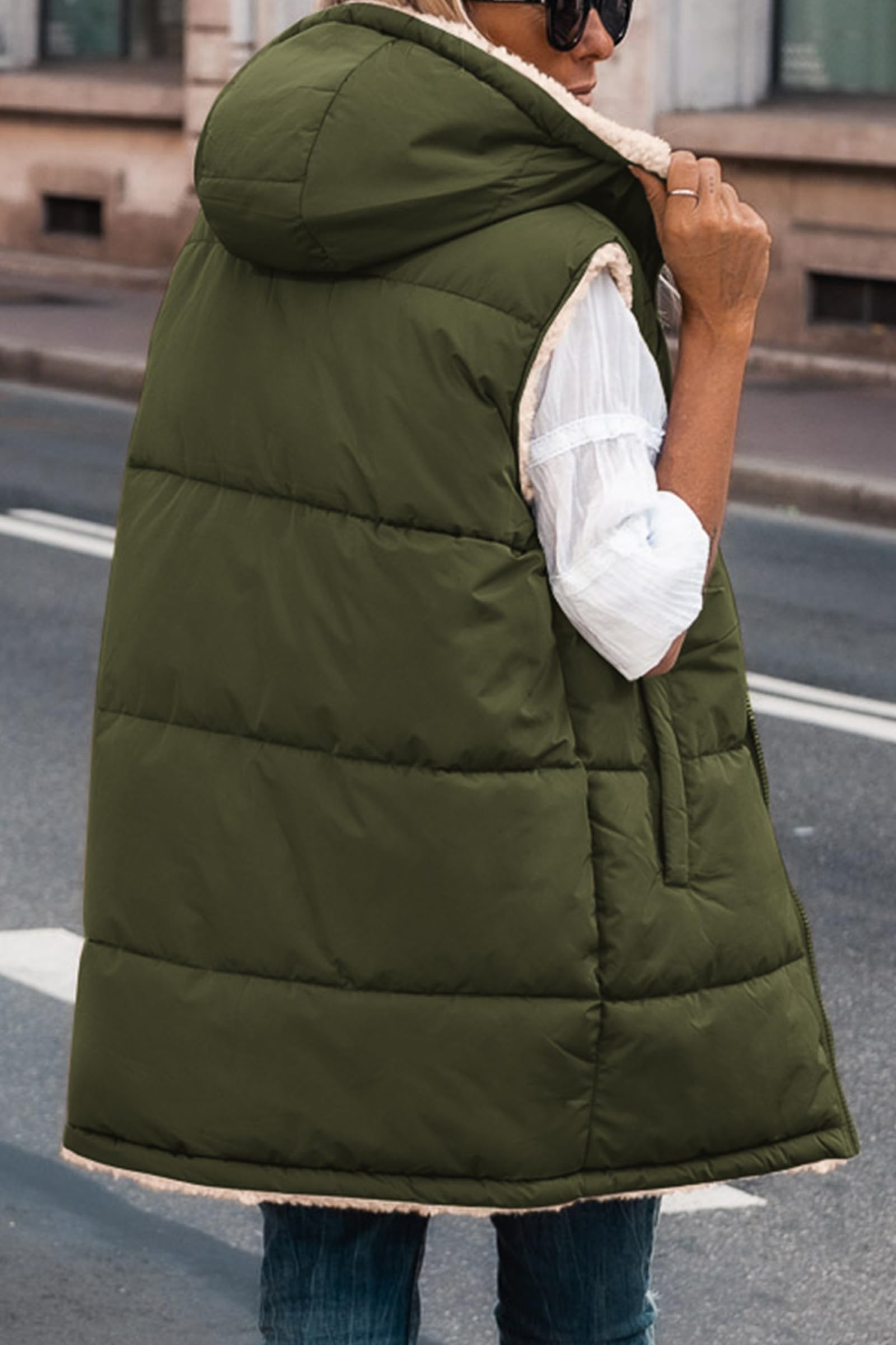 Women's Winter Reversible Fleece Long Vests(Army Green,S)