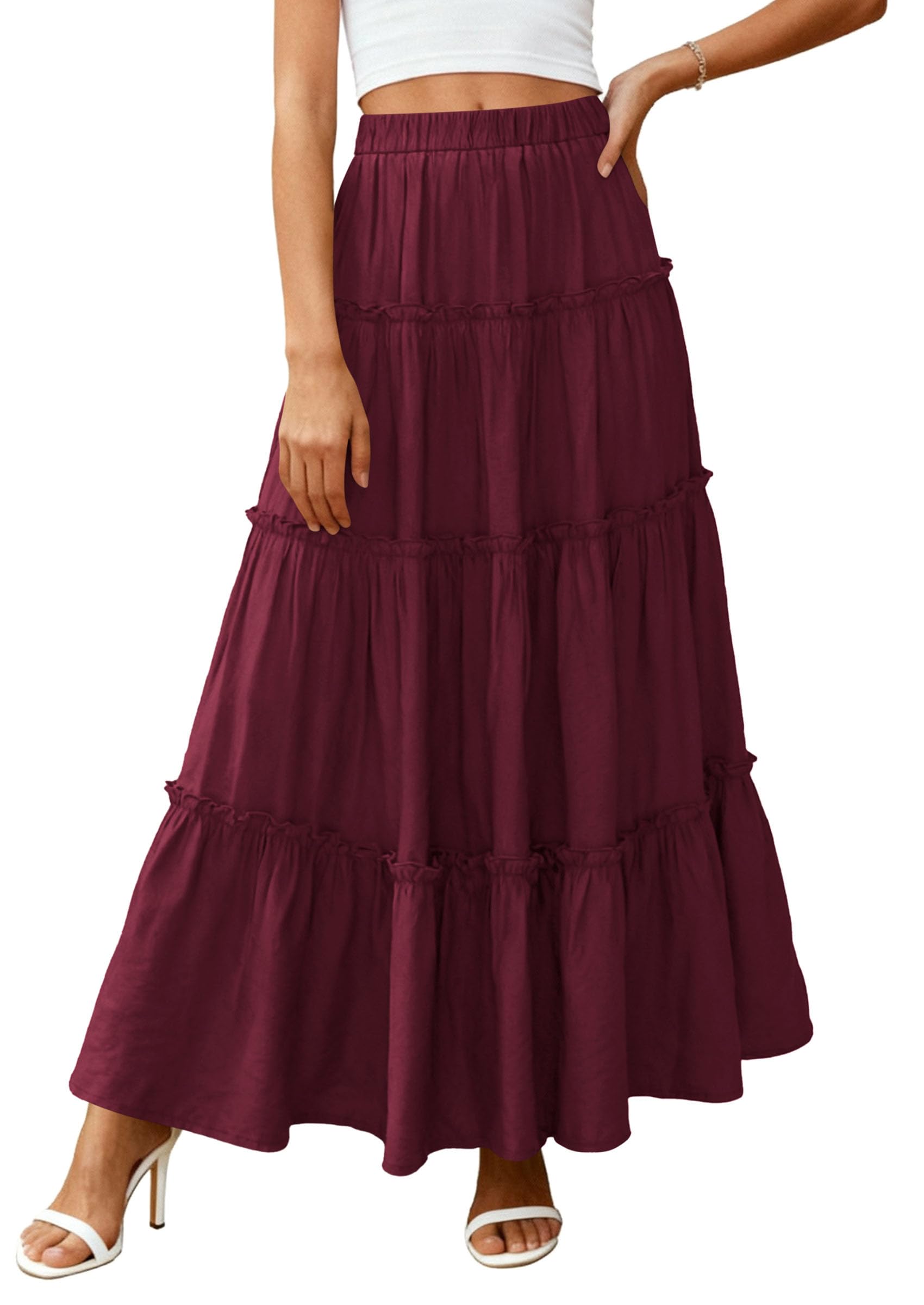 Women's Boho Tiered Ruffle Flowy Maxi Skirt, Burgundy,S