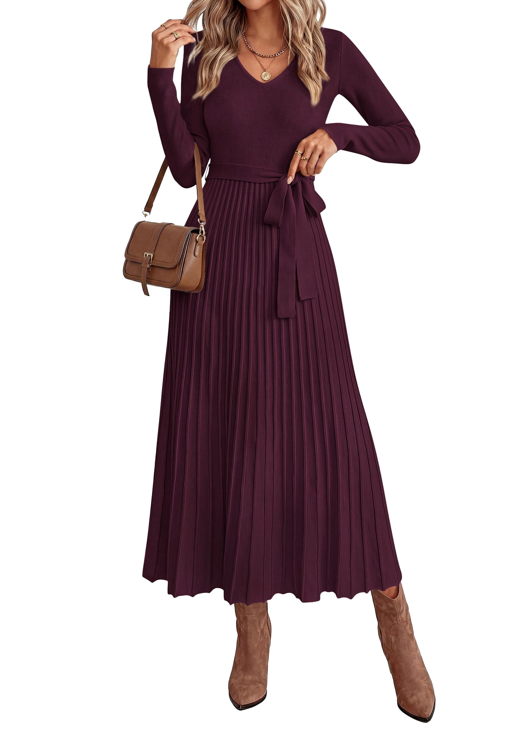 Womens Fall Maxi Long Sleeve Sweater Dress,Wine Red,S