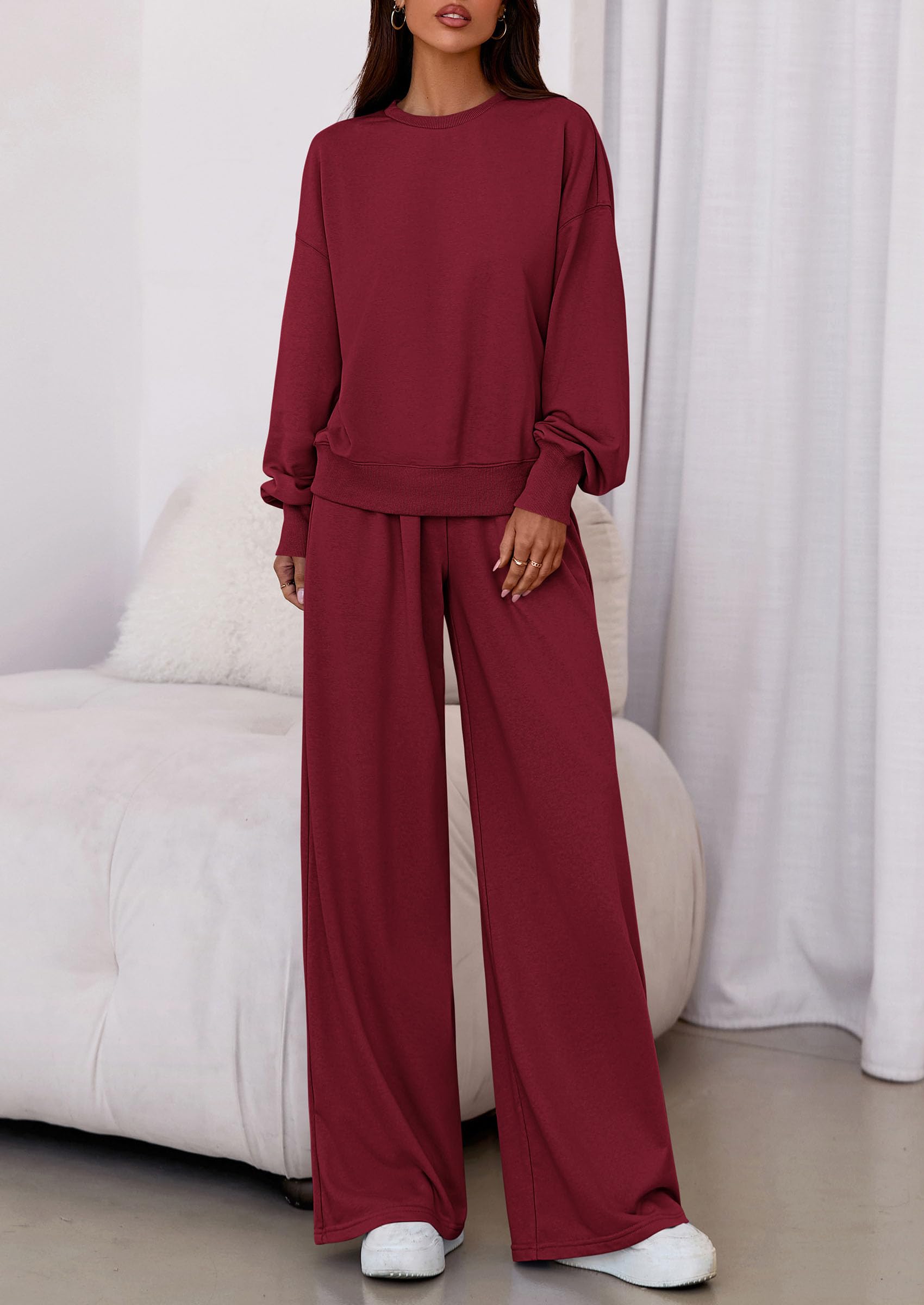 Womens Loose Fit Casual 2 Piece Lounge Set,Wine Red,S