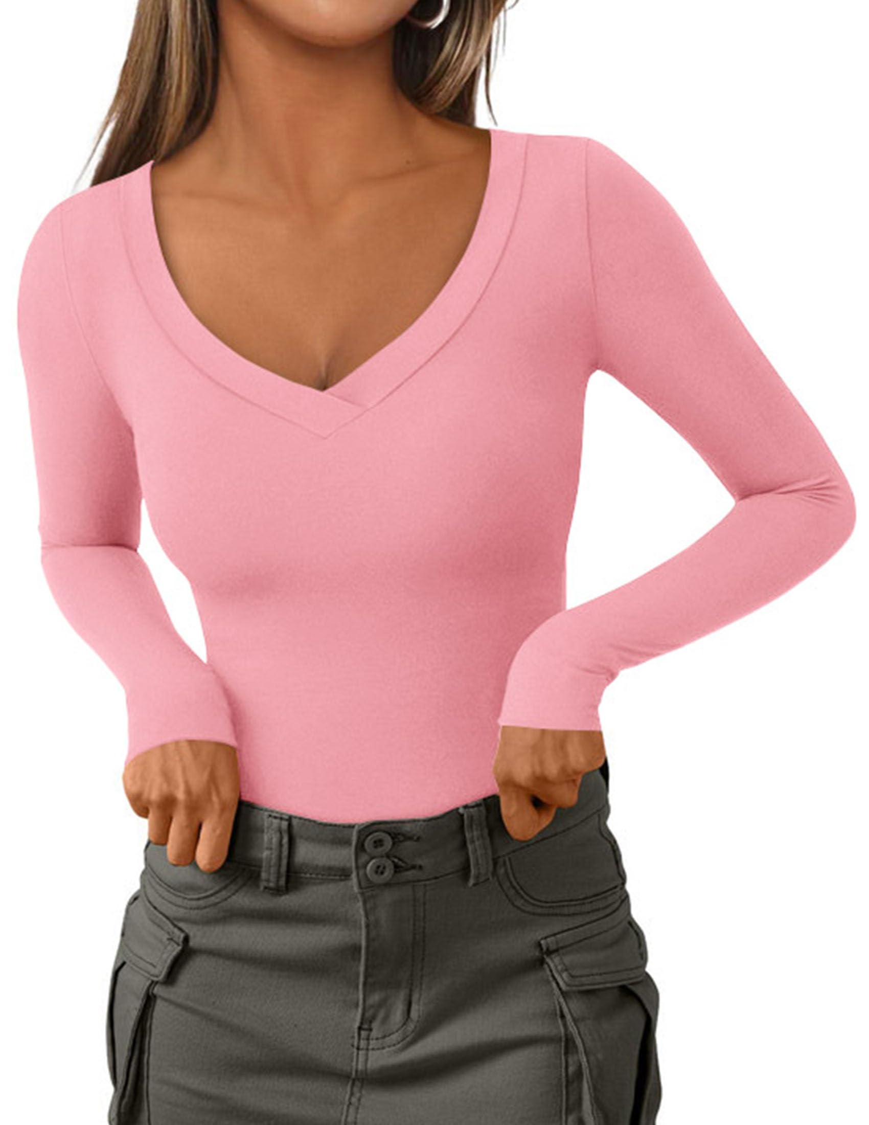 Women's V Neck Long Sleeve Shirts,Pink,X-S