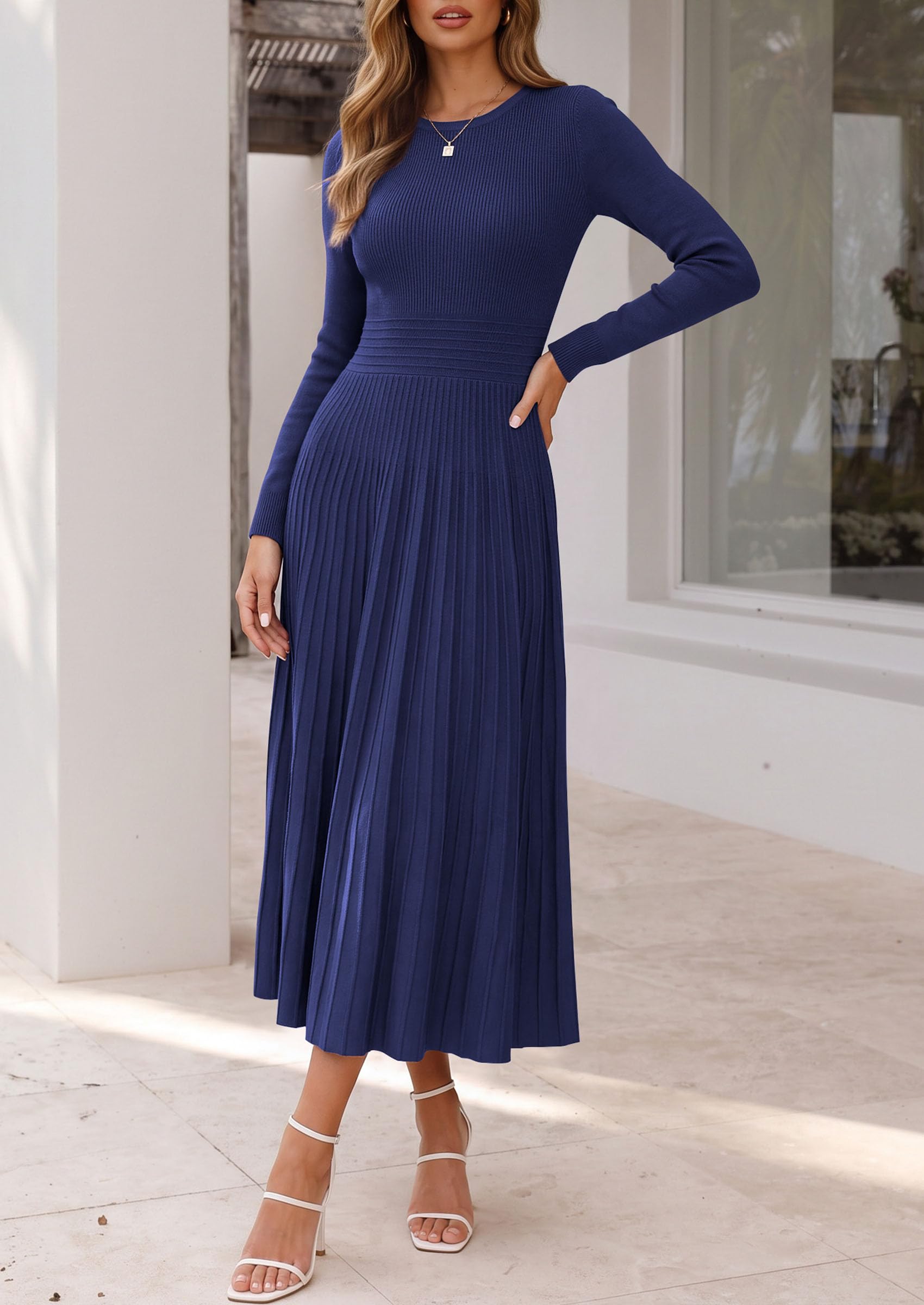 Women's Long Sleeve Knit Maxi Sweater Dress,Navy Blue,S