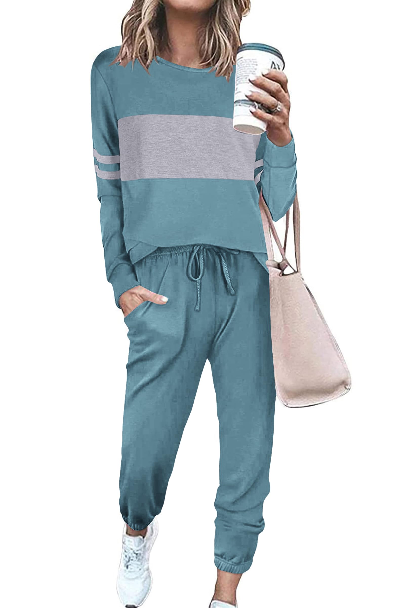 Women Color Block 2 Piece Sets Tracksuit,Blue,M