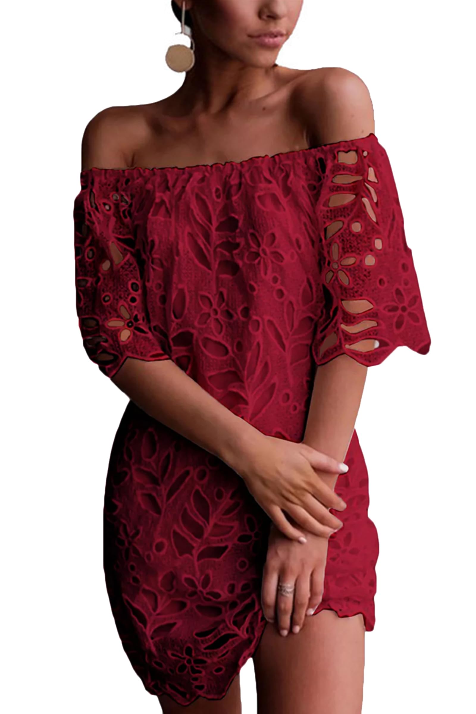 Women's Boho Off the Shoulder Lace Mini Dress, Wine Red,S