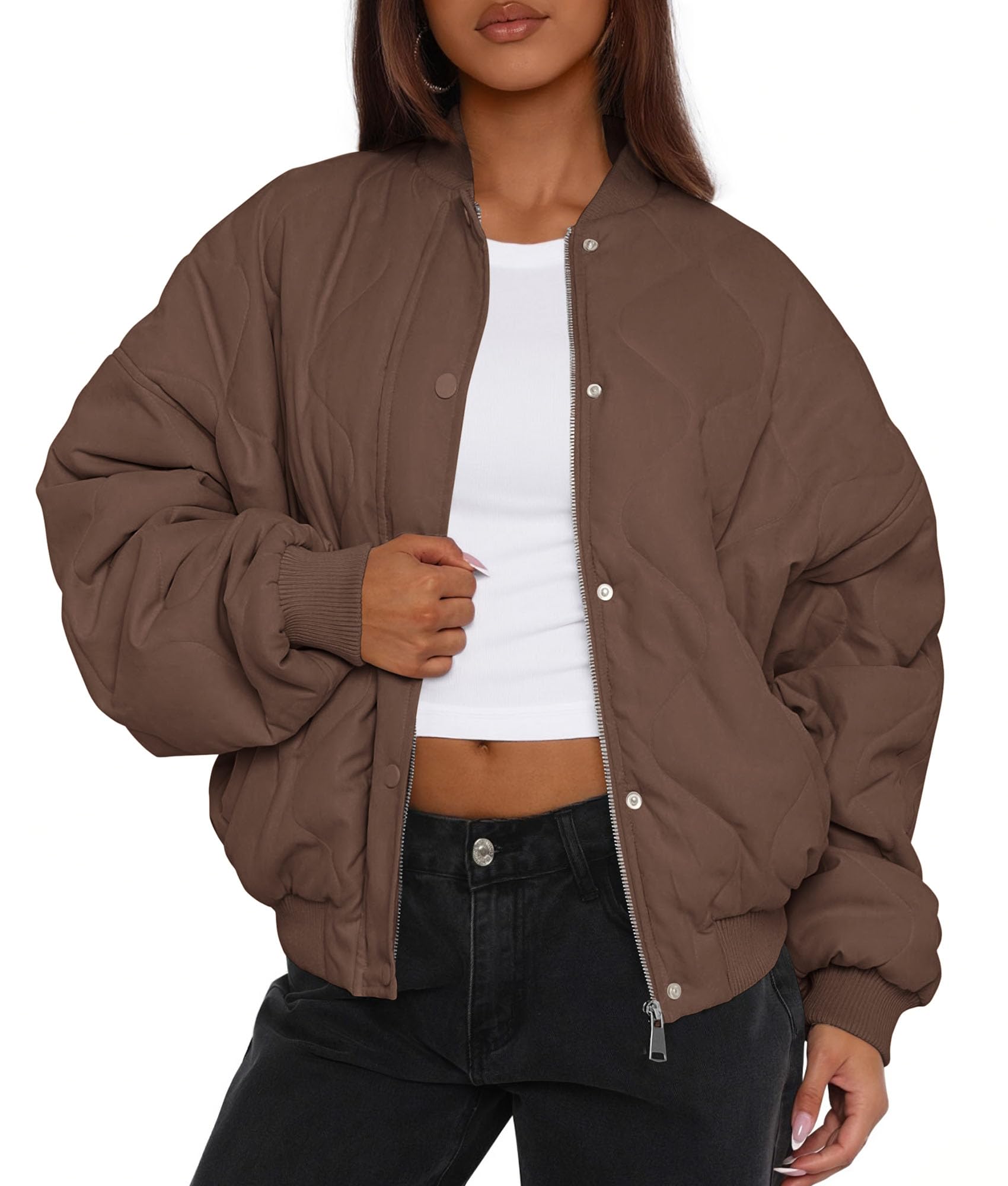 Women's Quilted Bomber Jacket Fall Fashion 2026 Lightweight Cropped Zip up Outerwear Winter Puffer Coats Pockets (Brown,Small)