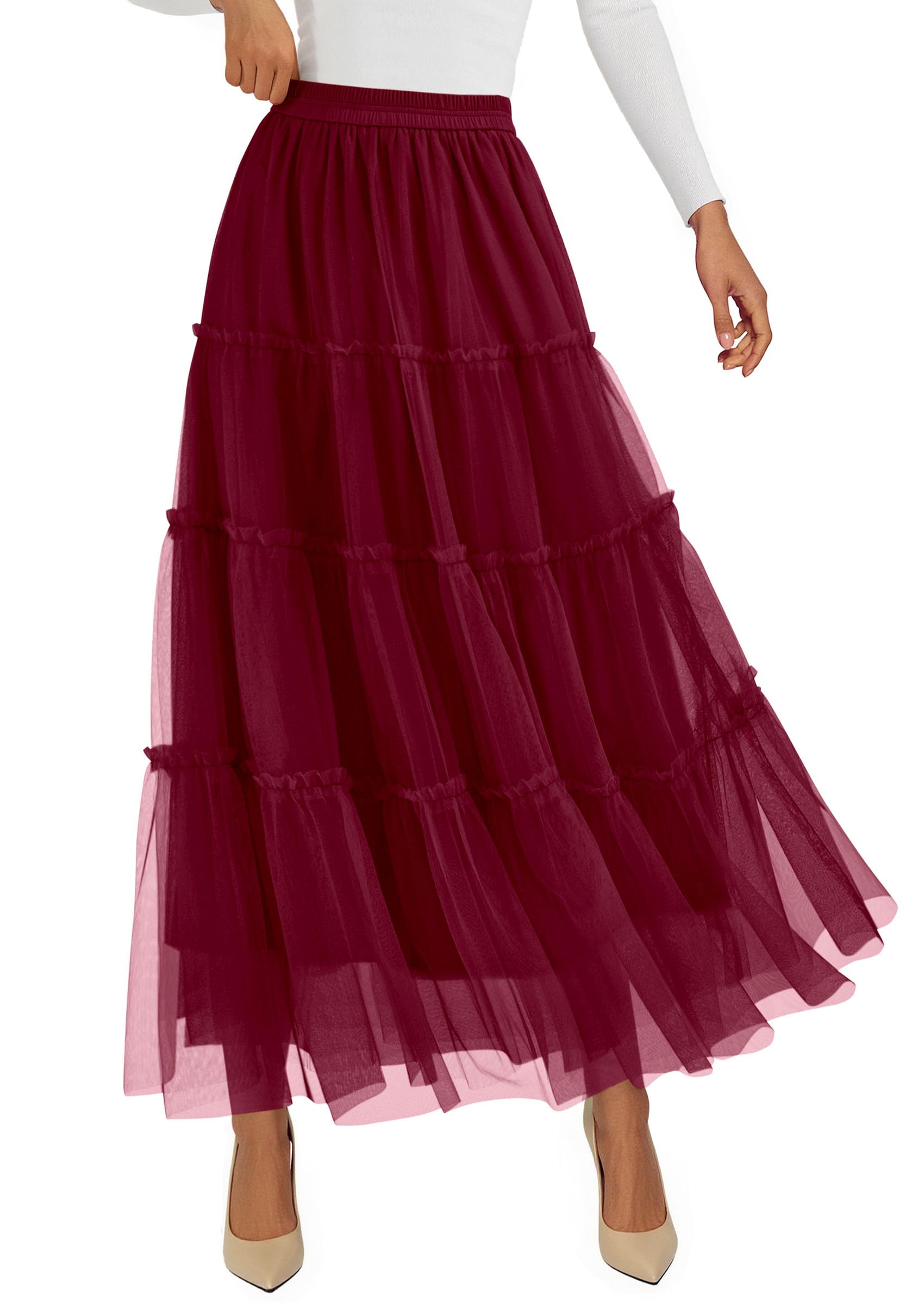 Women's Fall Soft Tulle Tiered Long Skirt,Burgundy,S