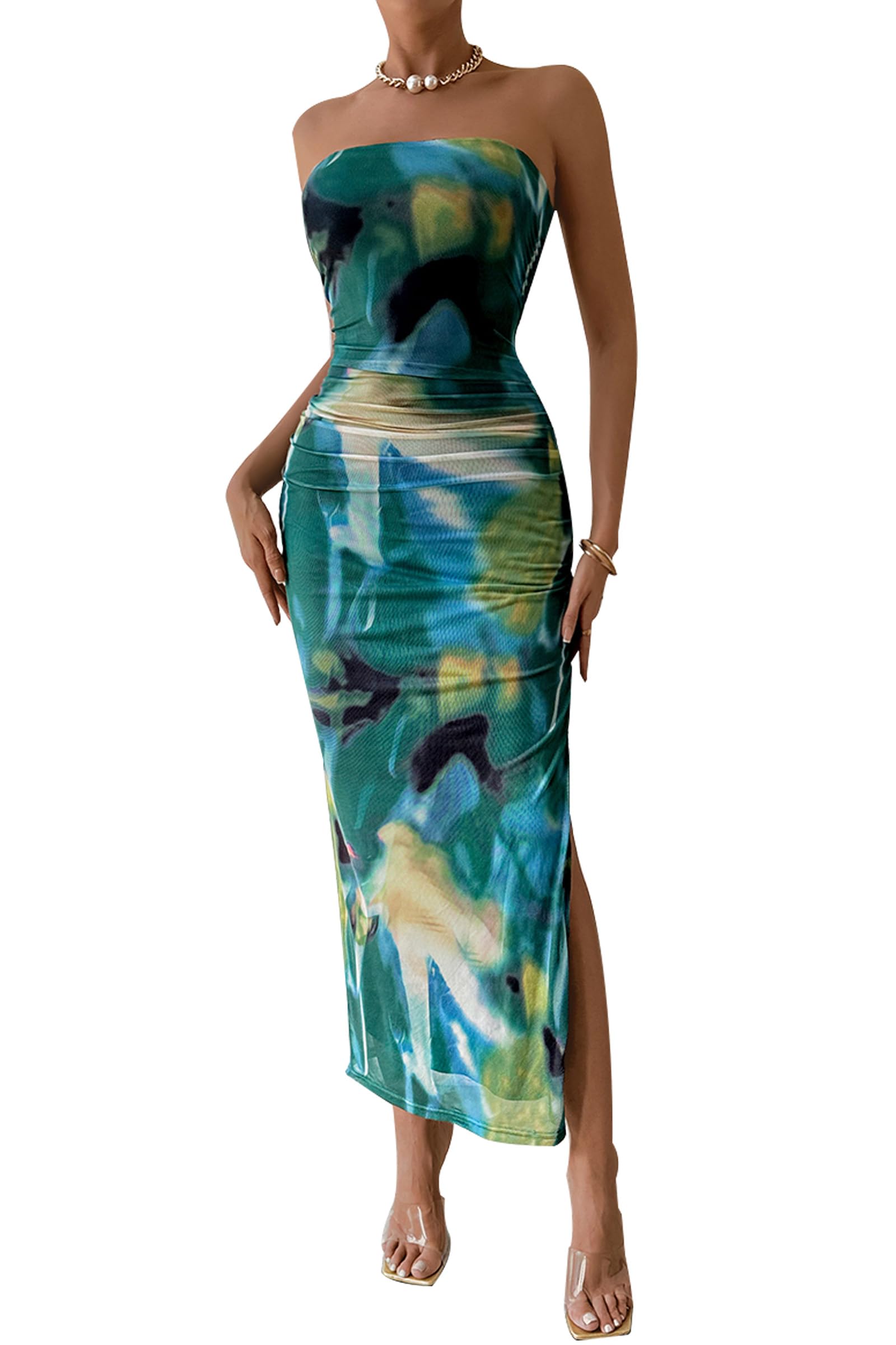 Women's Strapless Bodycon Floral Maxi Dress, Print Green,M