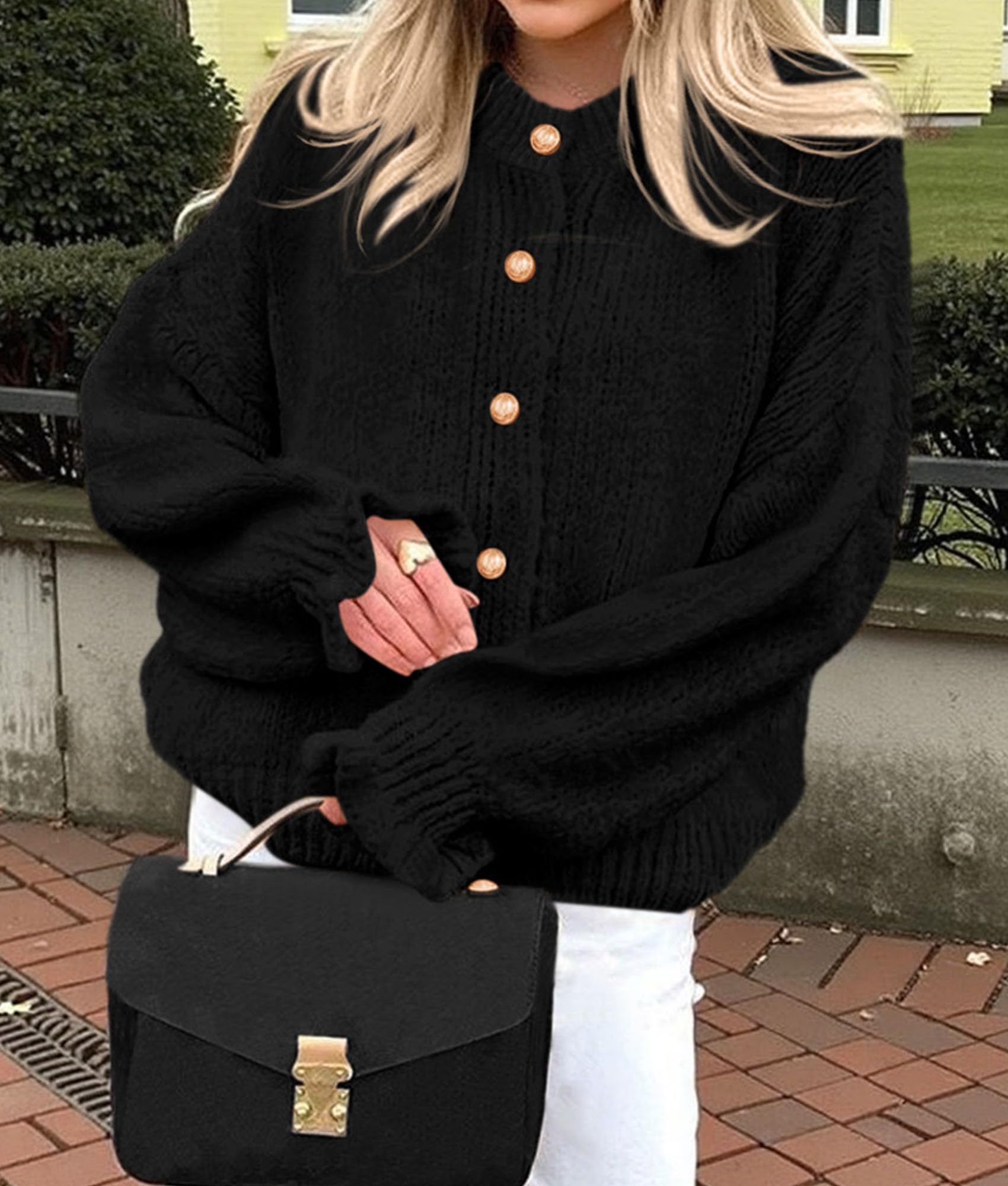 Womens Long Sleeve Chunky Knit Cardigan Sweaters,Black,S