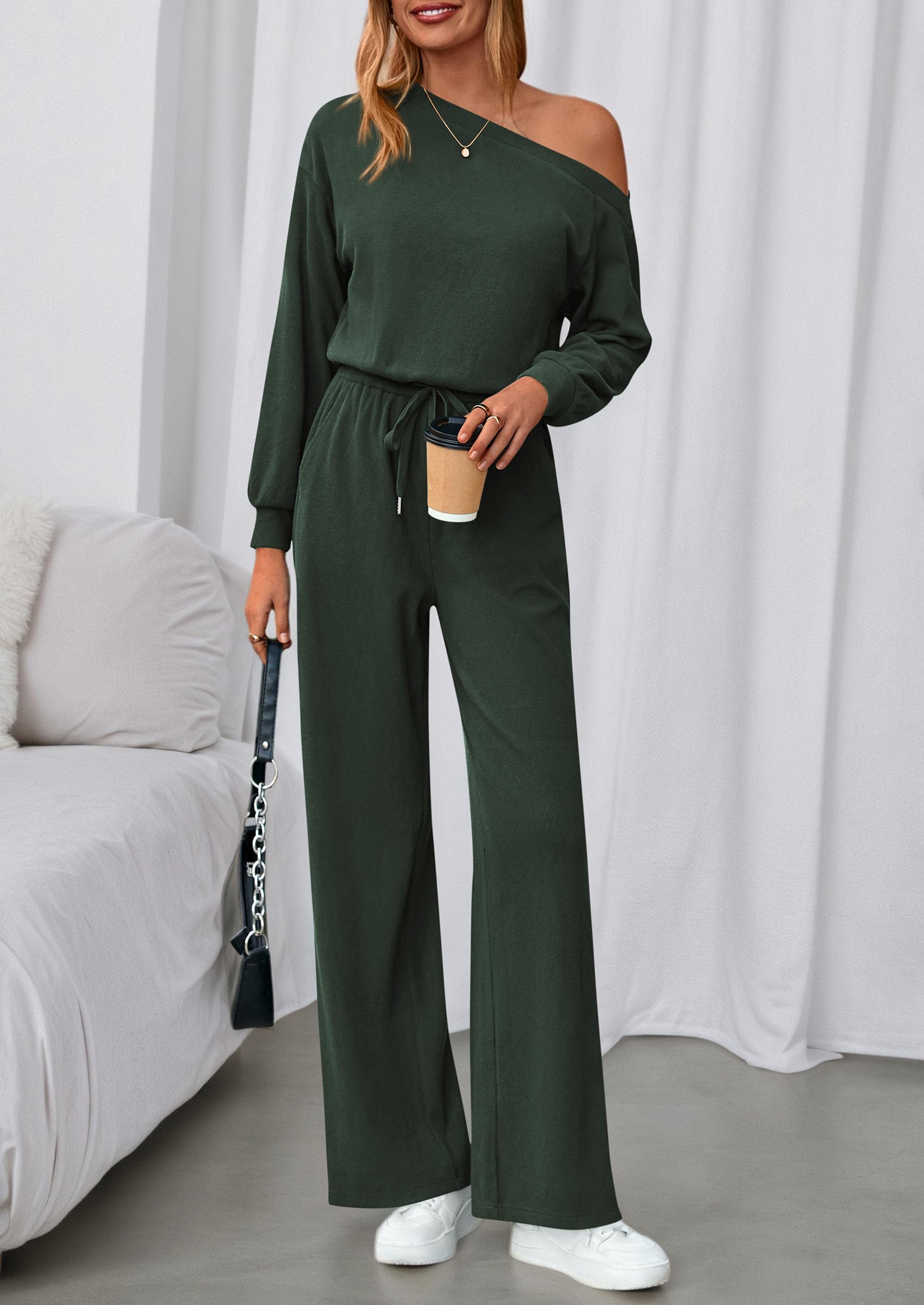Womens Off Shoulder Long Sleeve Jumpsuit,Dark Army Green,S