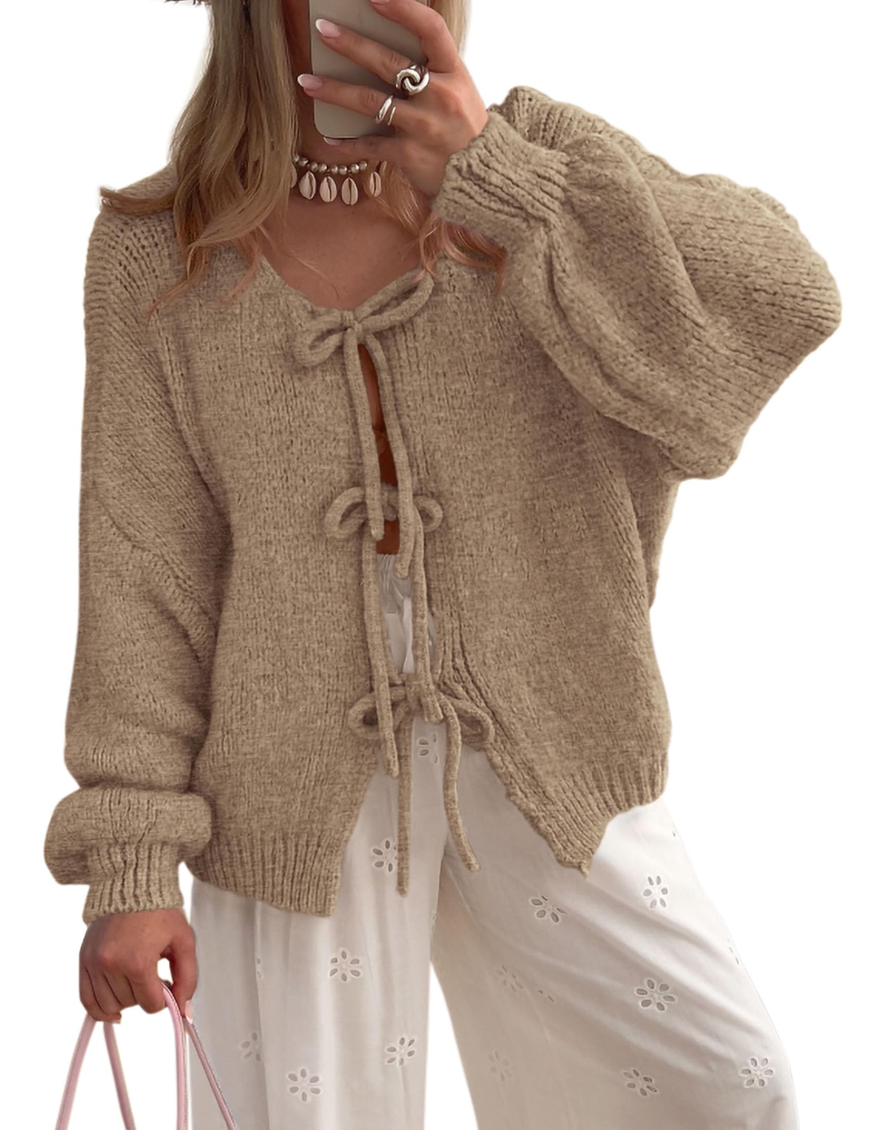 Women's Tie Front Bow Cardigan Sweaters(Light Khaki,Small)