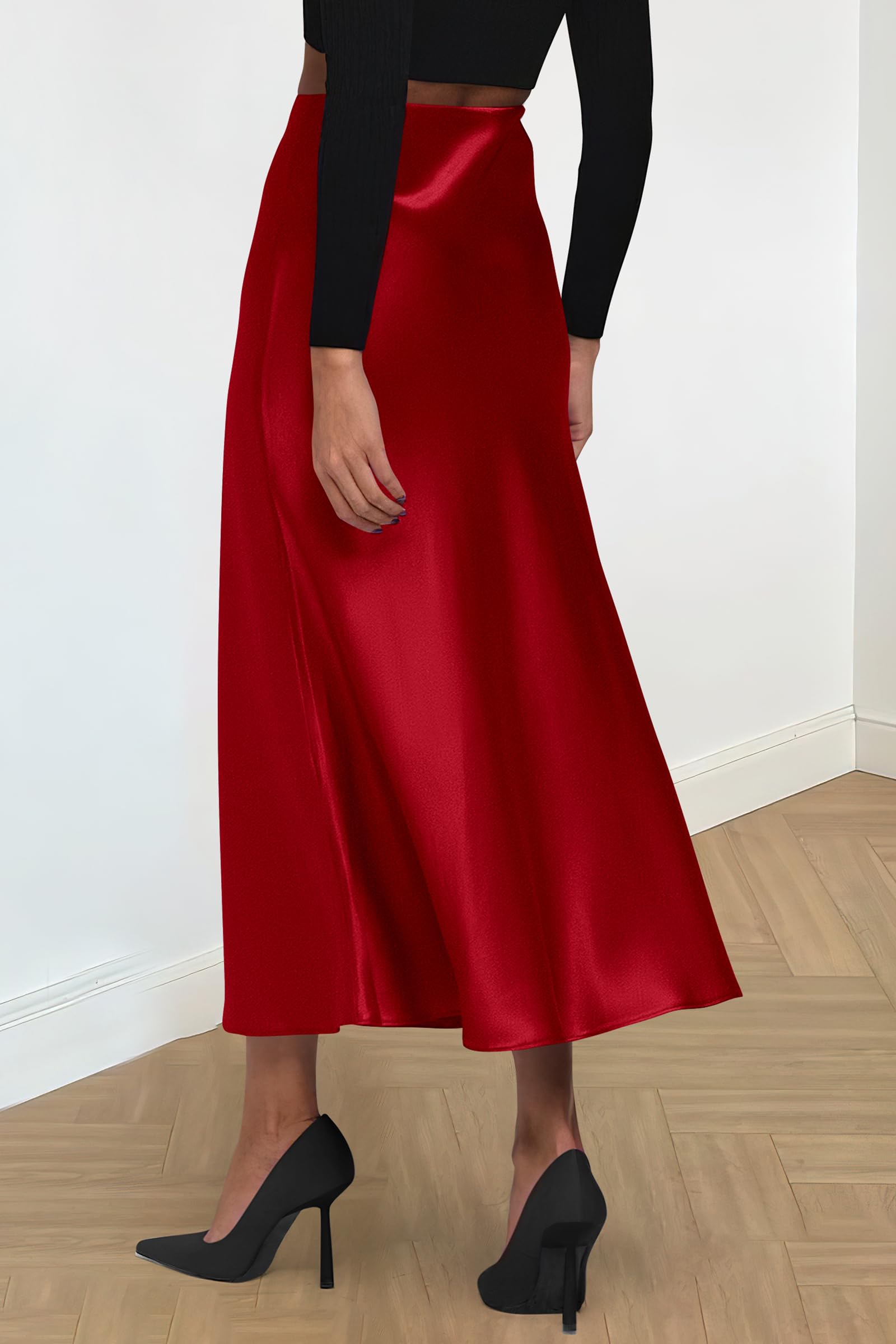 Women's Satin Midi Skirts Dressy Casual,Dark Red,S