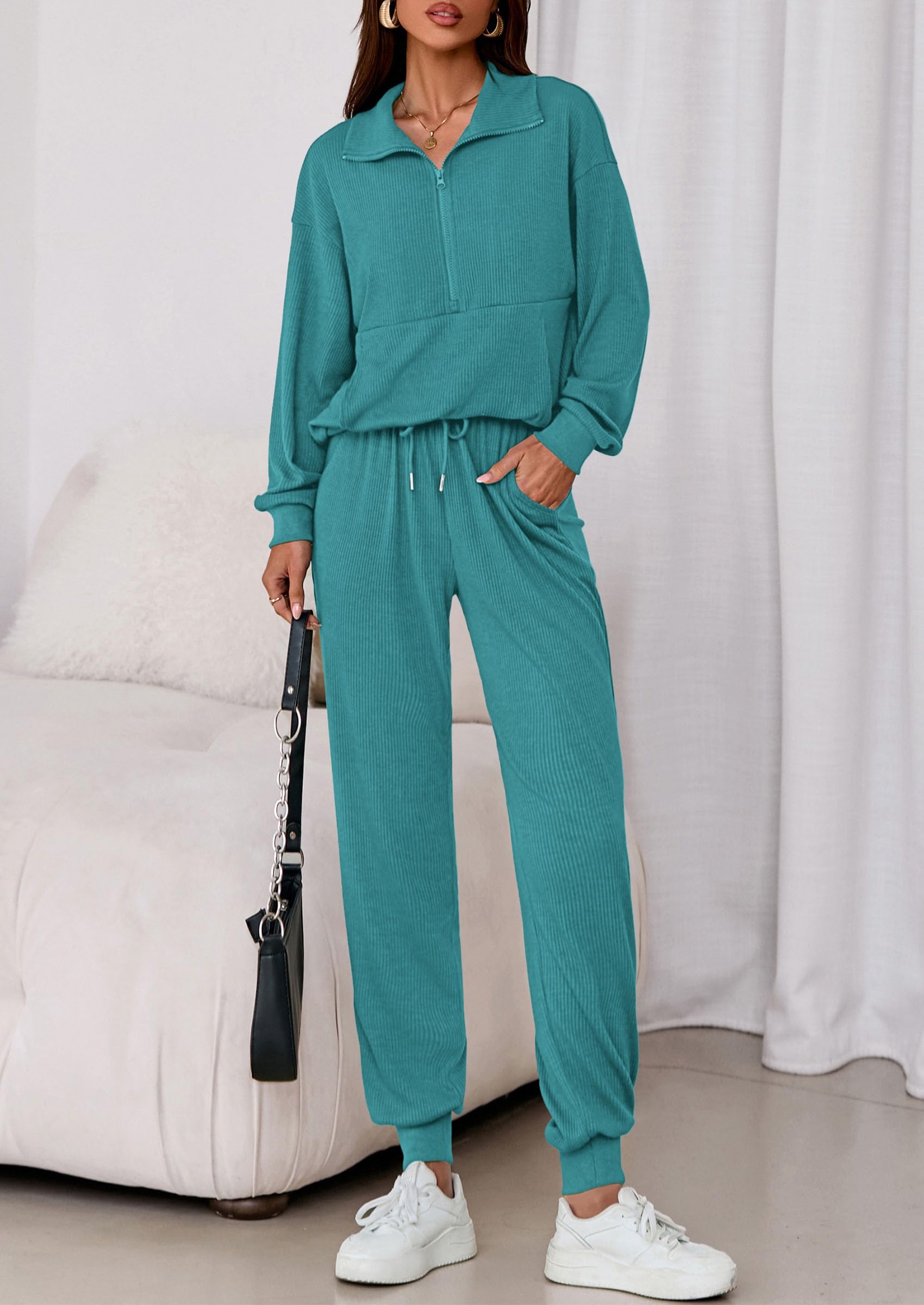 Airport Travel Outfit Women Ribbed Knit Matching Lounge Sets