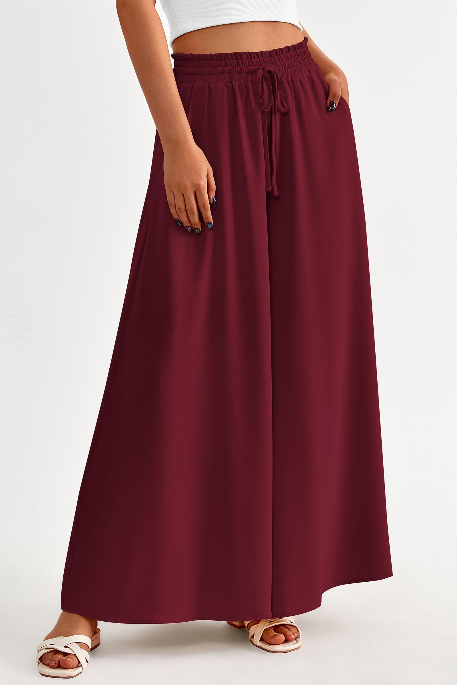 Summer Wide Leg Palazzo Pants for Women Casual,Wine Red,S