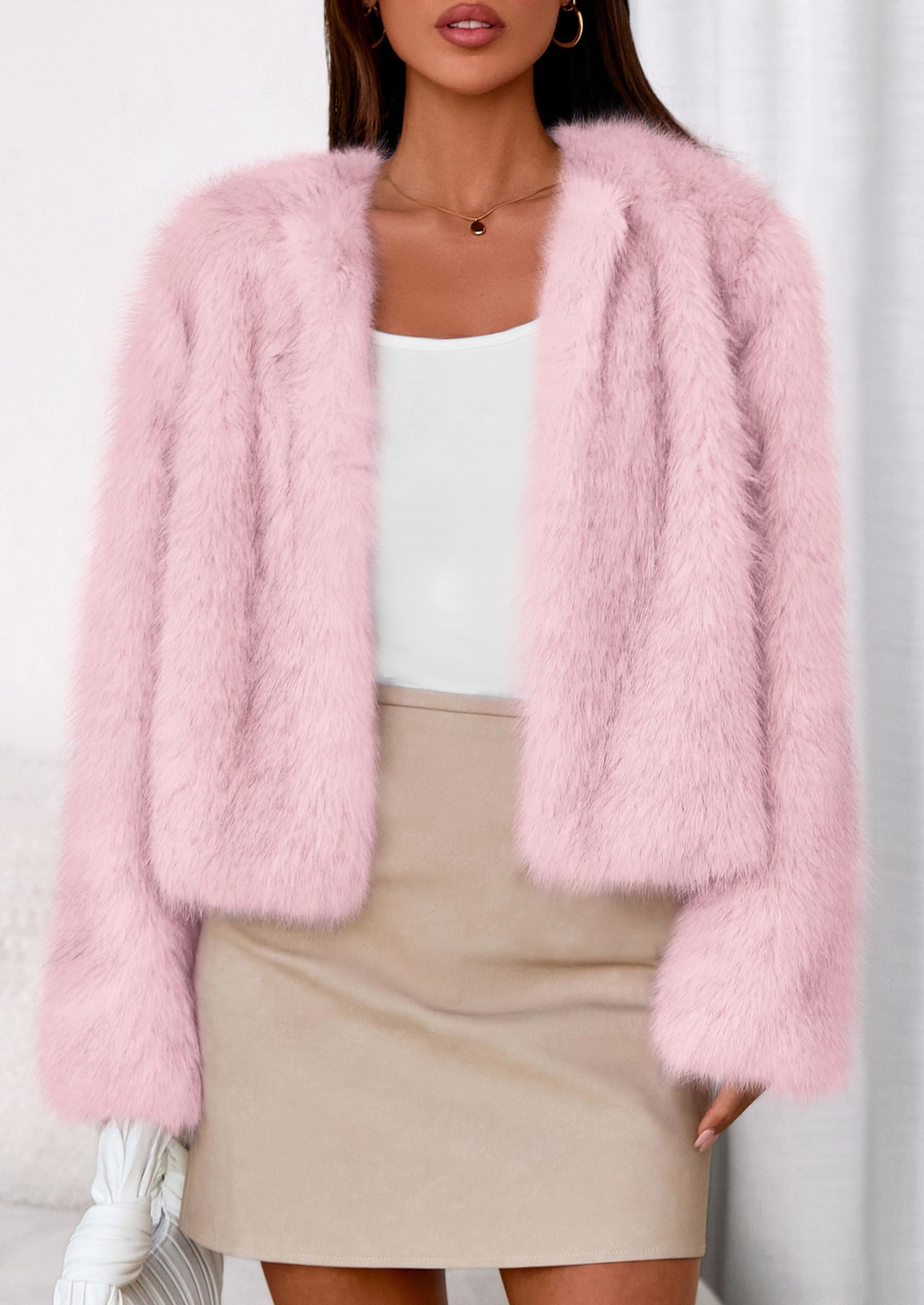 Womens Winter Coats Open Front Faux Fur Jacket,Pink,M