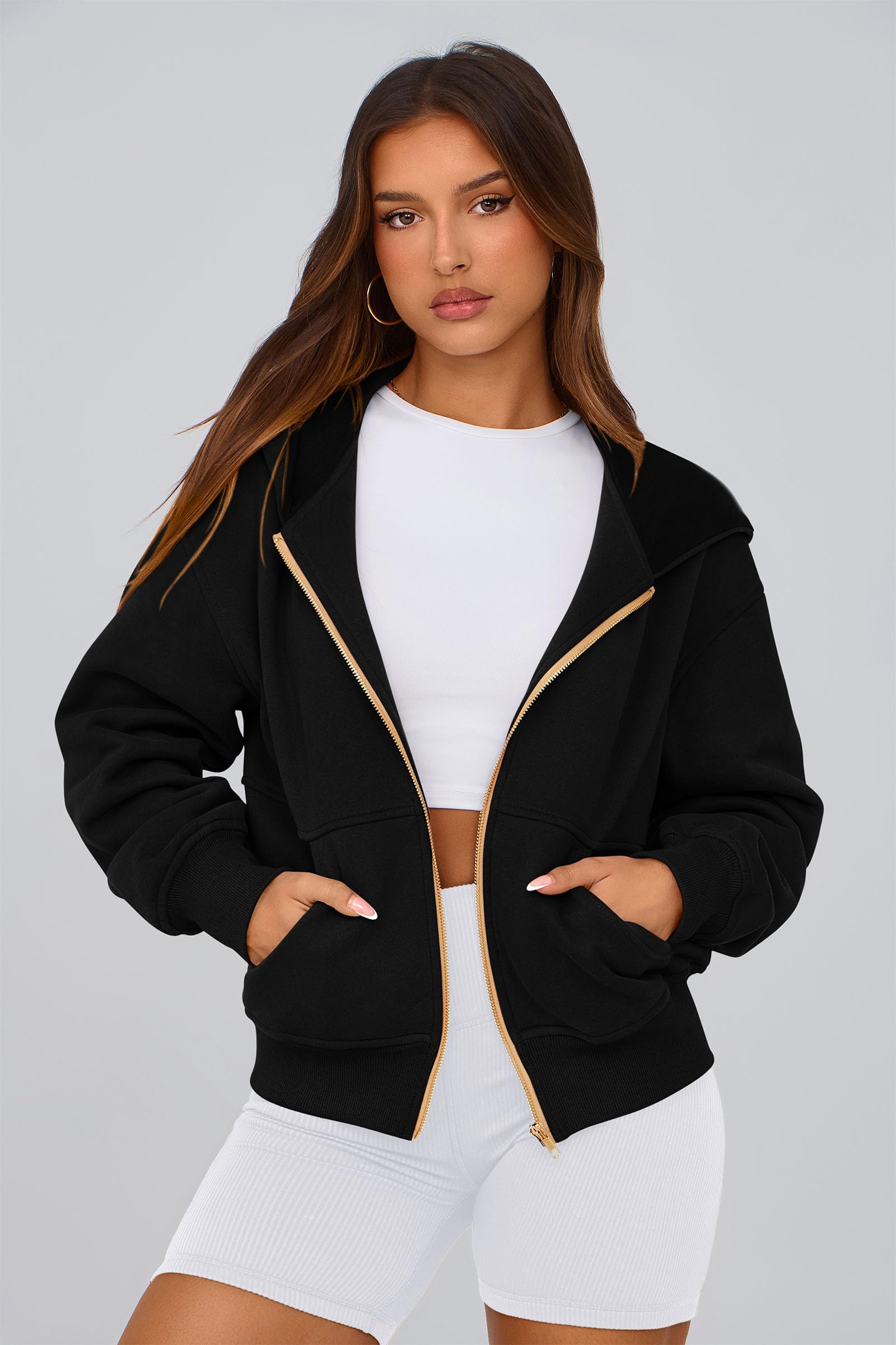 Hoodies for Women Fall Fashion Zip Up Fleece Plain Sweatshirt