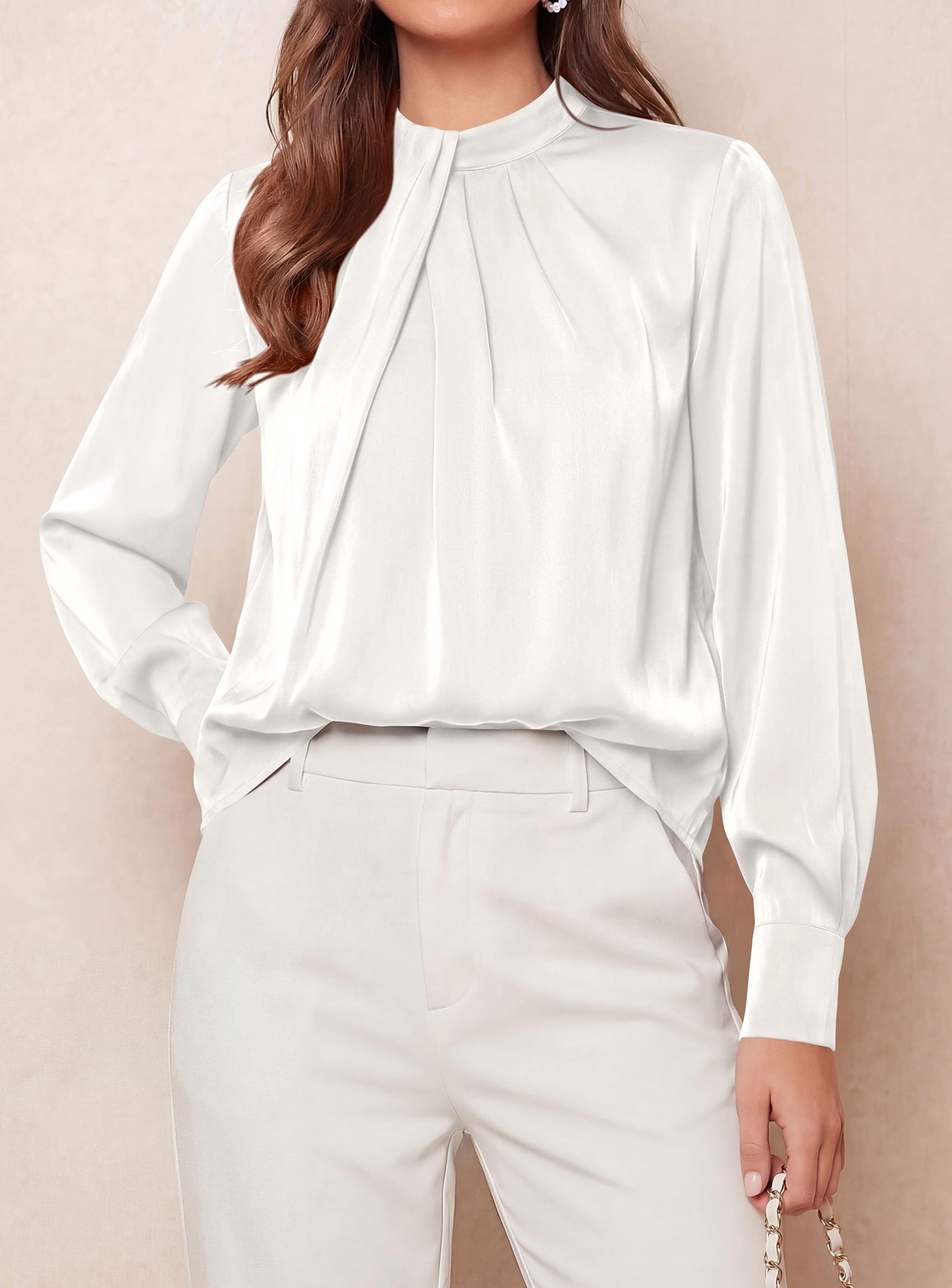 Satin Blouses for Women Dressy Casual Long Sleeve Shirts White