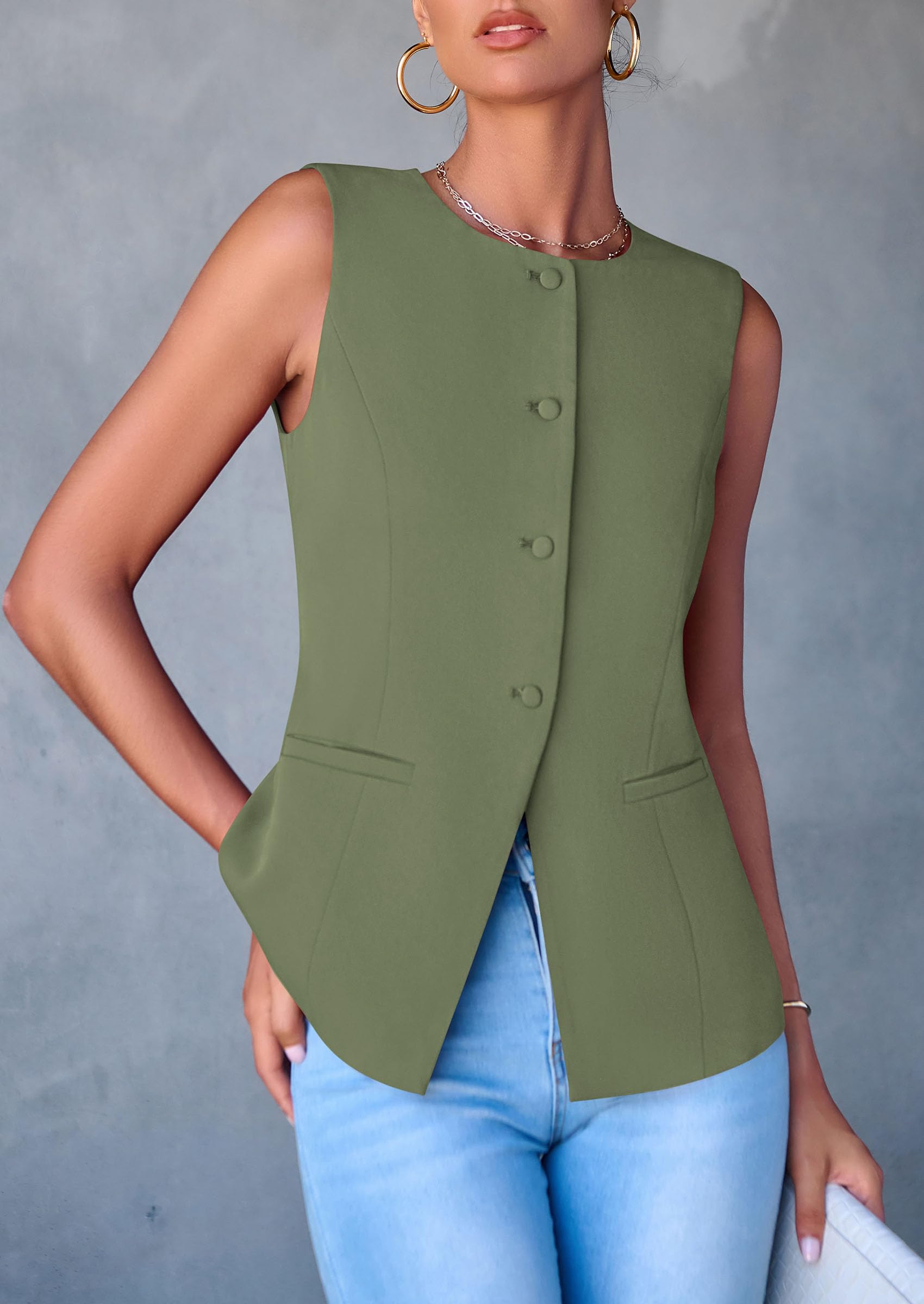 Women Tailored Suit Vest Business Casual Tops, Light Green,S