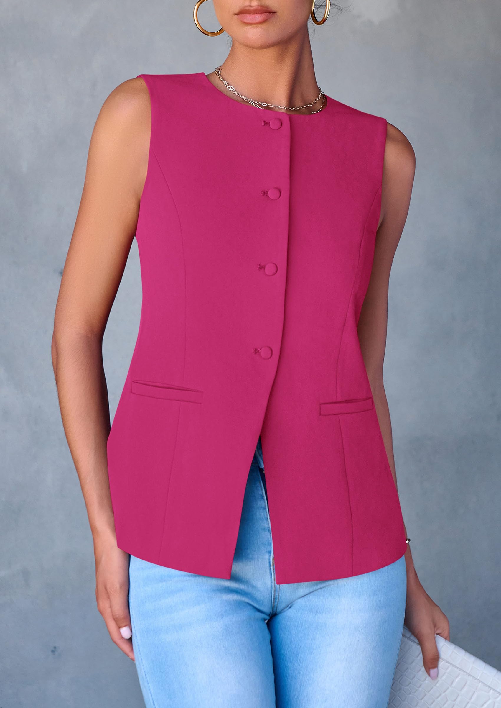 Women Tailored Suit Vest Business Casual Tops, Rose Red,M