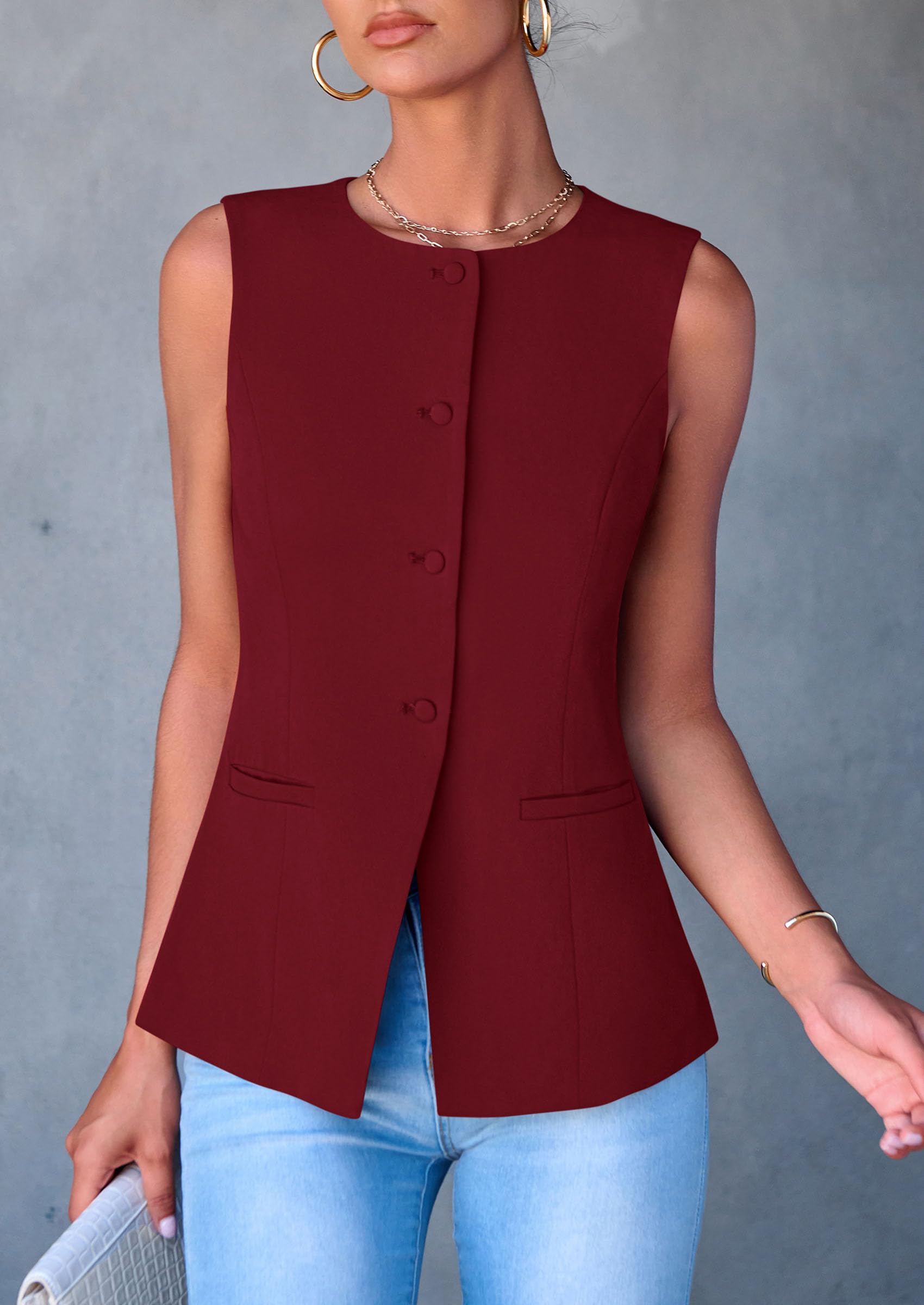 Women Tailored Suit Vest Business Casual Tops, Red,S