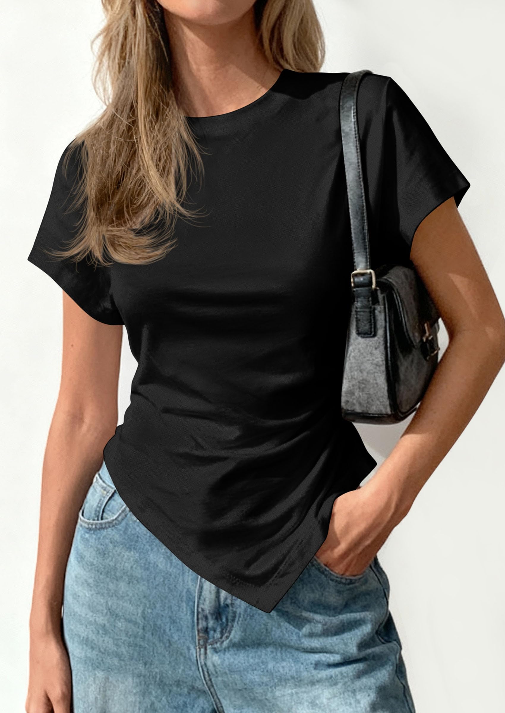 Womens Asymmetrical Summer Short Sleeve Tops,Black,XS