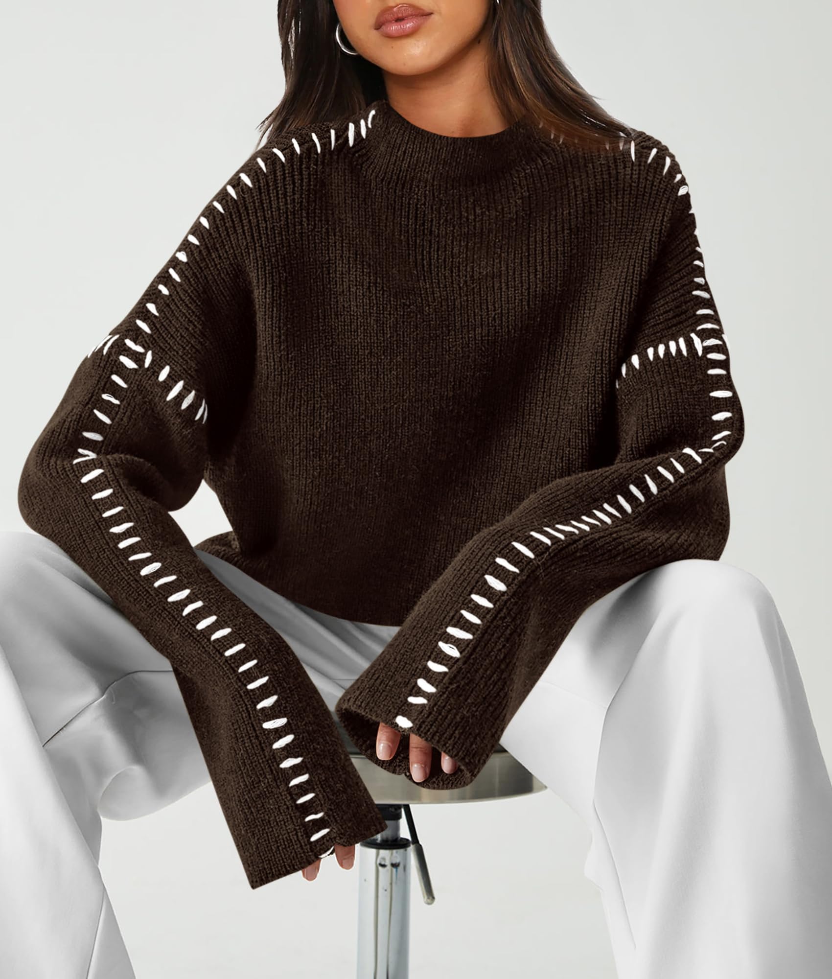 Womens Chunky Knit Oversized Pullover Sweaters,Coffee,S
