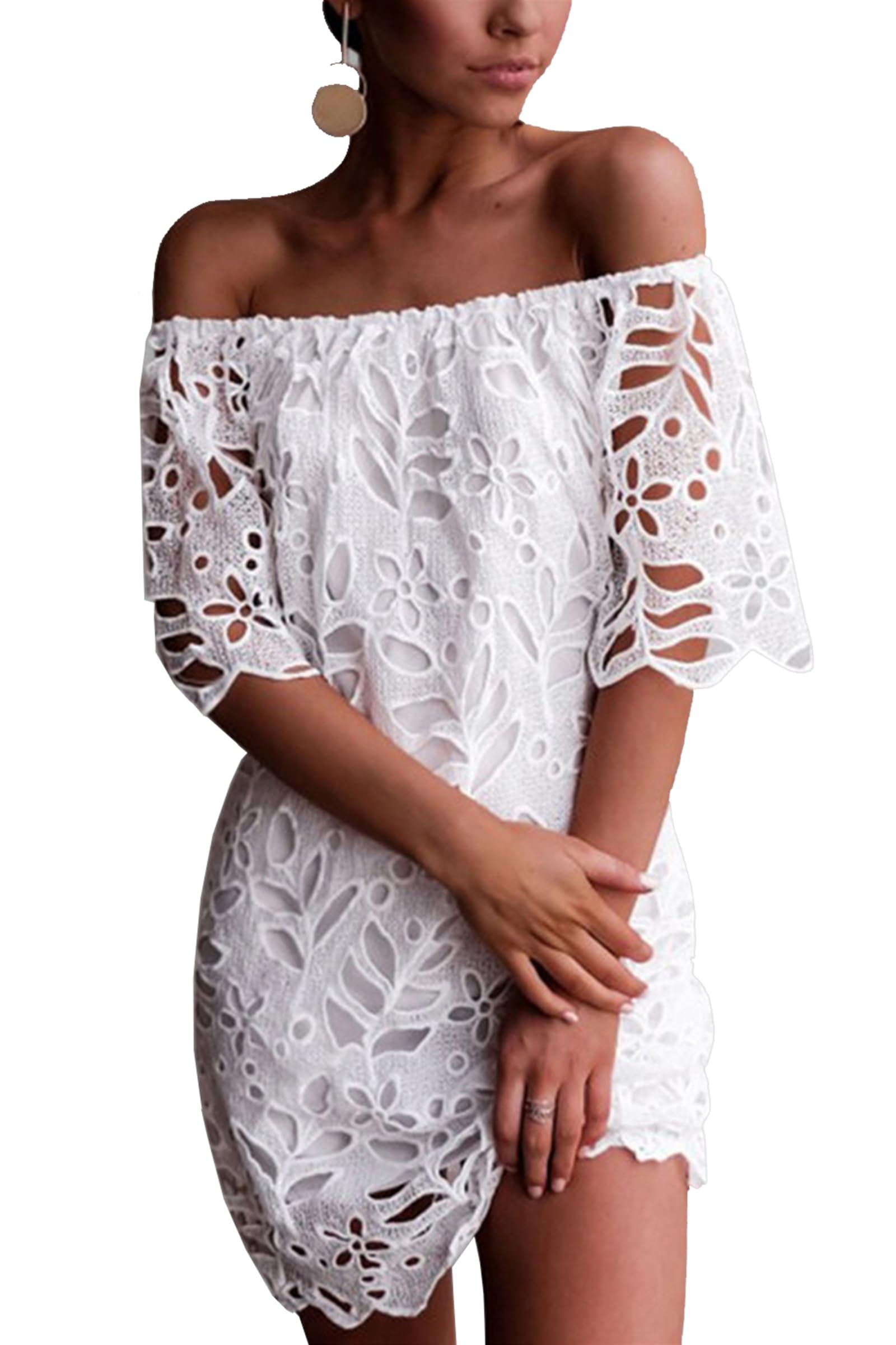 Women's Boho Off the Shoulder Lace Mini Dress, White,L