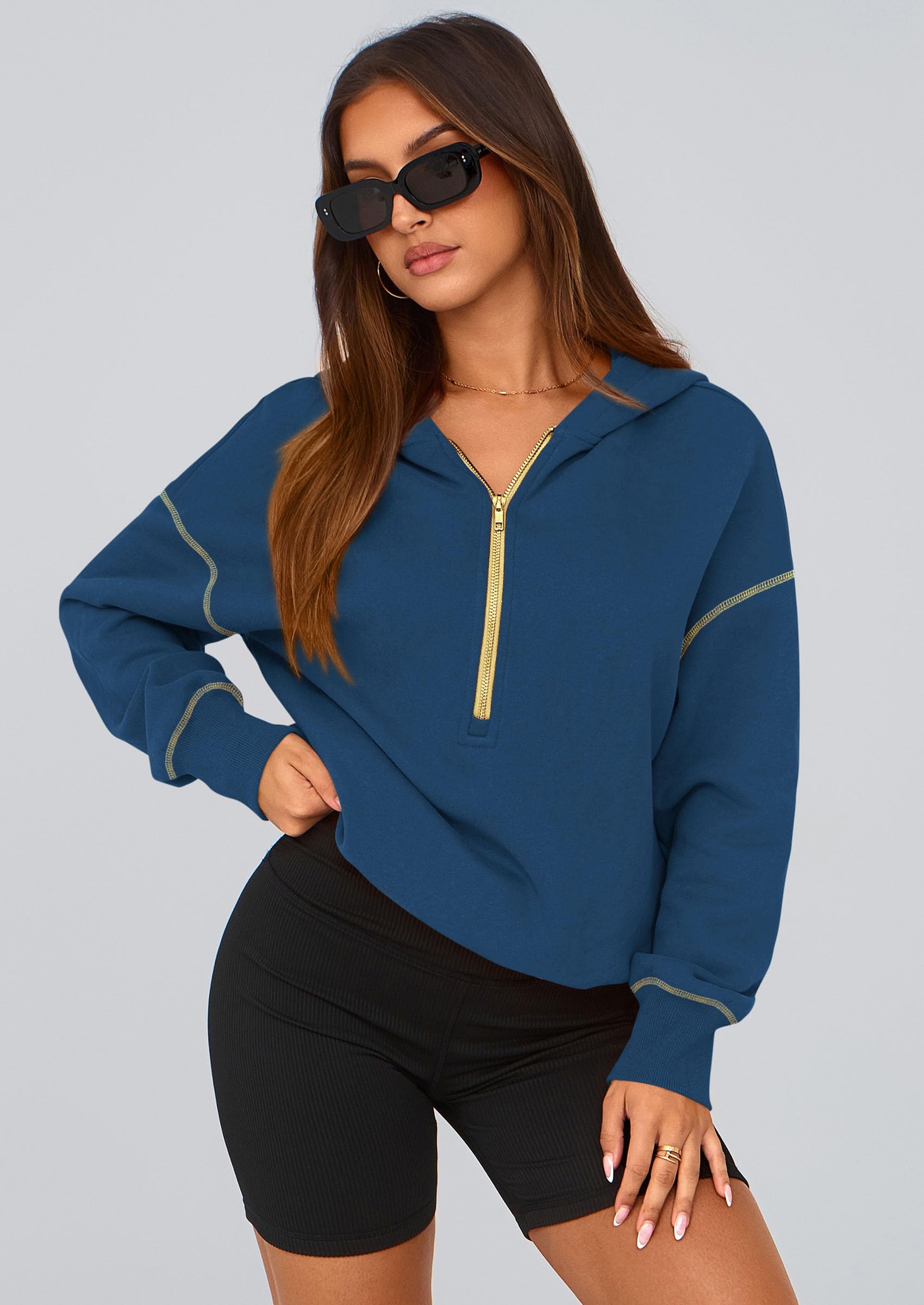 Women's Fall Half Zip Cropped Hoodie Sweatshirt Dark Blue