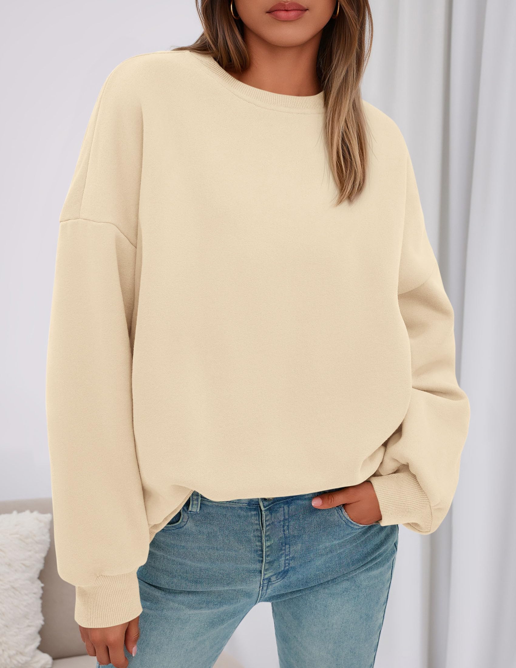 Womens Oversized Crewneck Sweatshirt 2026 Fall Outfits Beige