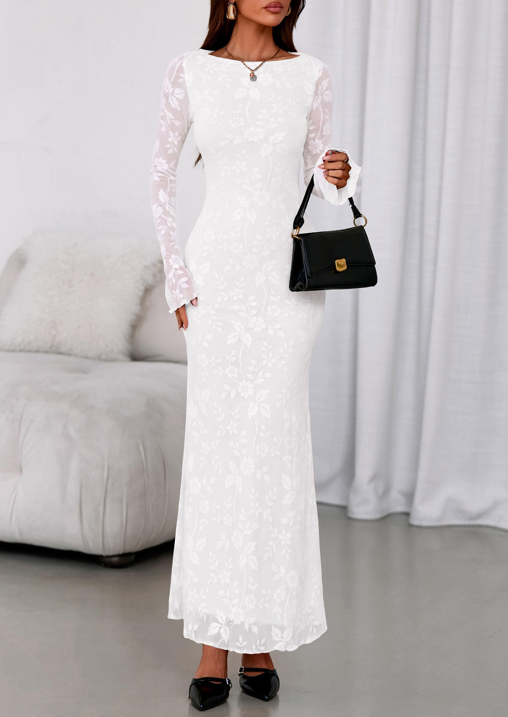 Women's Floral Bodycon Maxi Dress Wedding Guest Dresses White