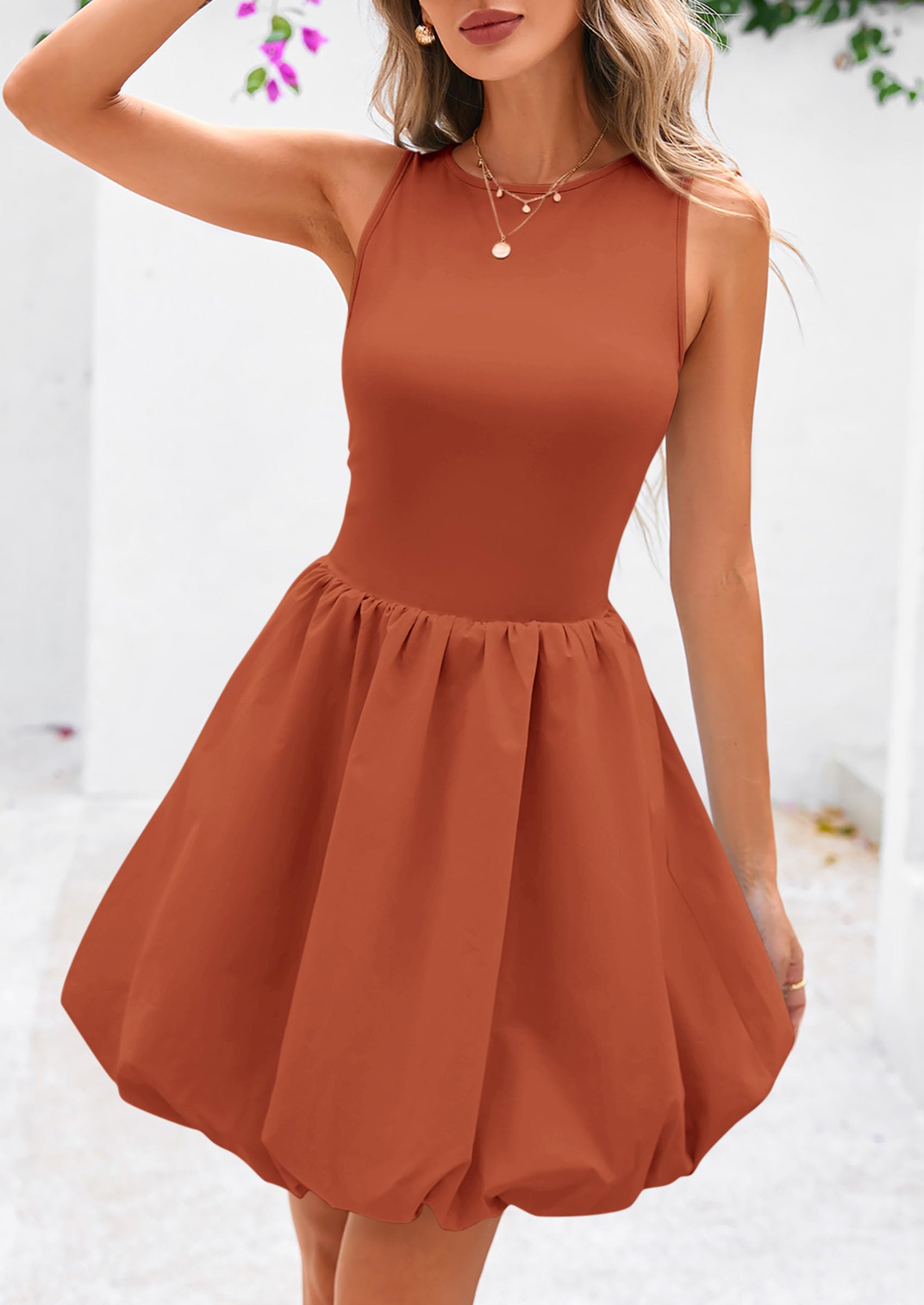Womens Summer Bubble Sleeveless Mini Dress,Orange,S