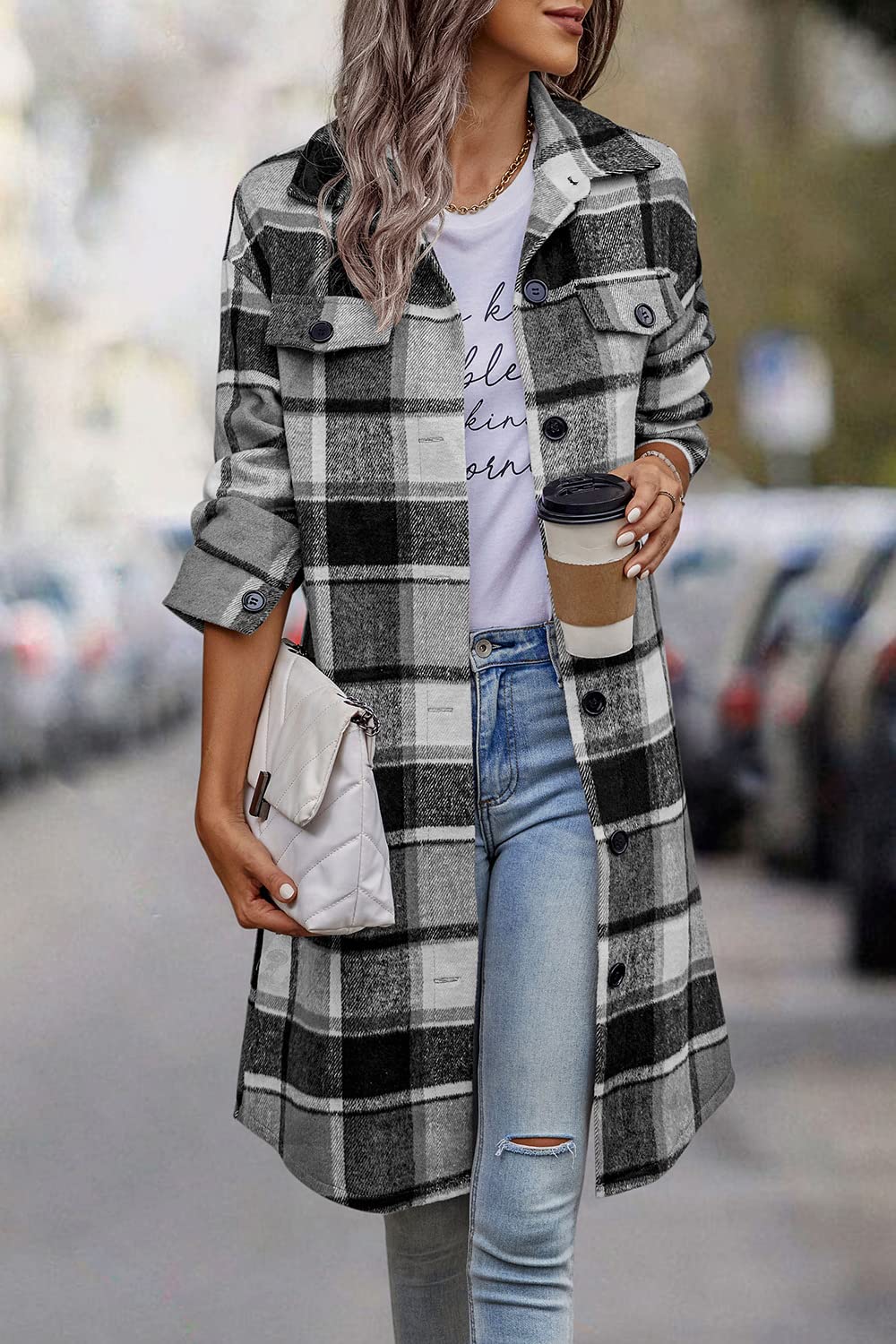 Womens Plaid Shacket Jacket Flannel Shirts,Grey,S