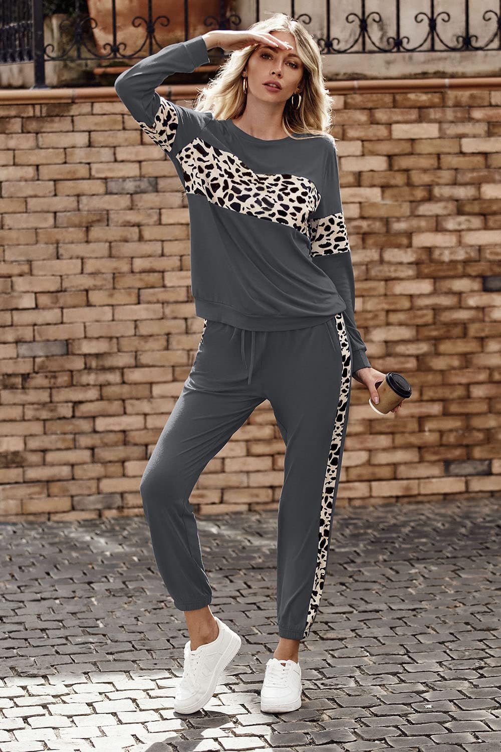 Women Color Block 2 Piece Sets Tracksuit,Leopard Dark Grey,S