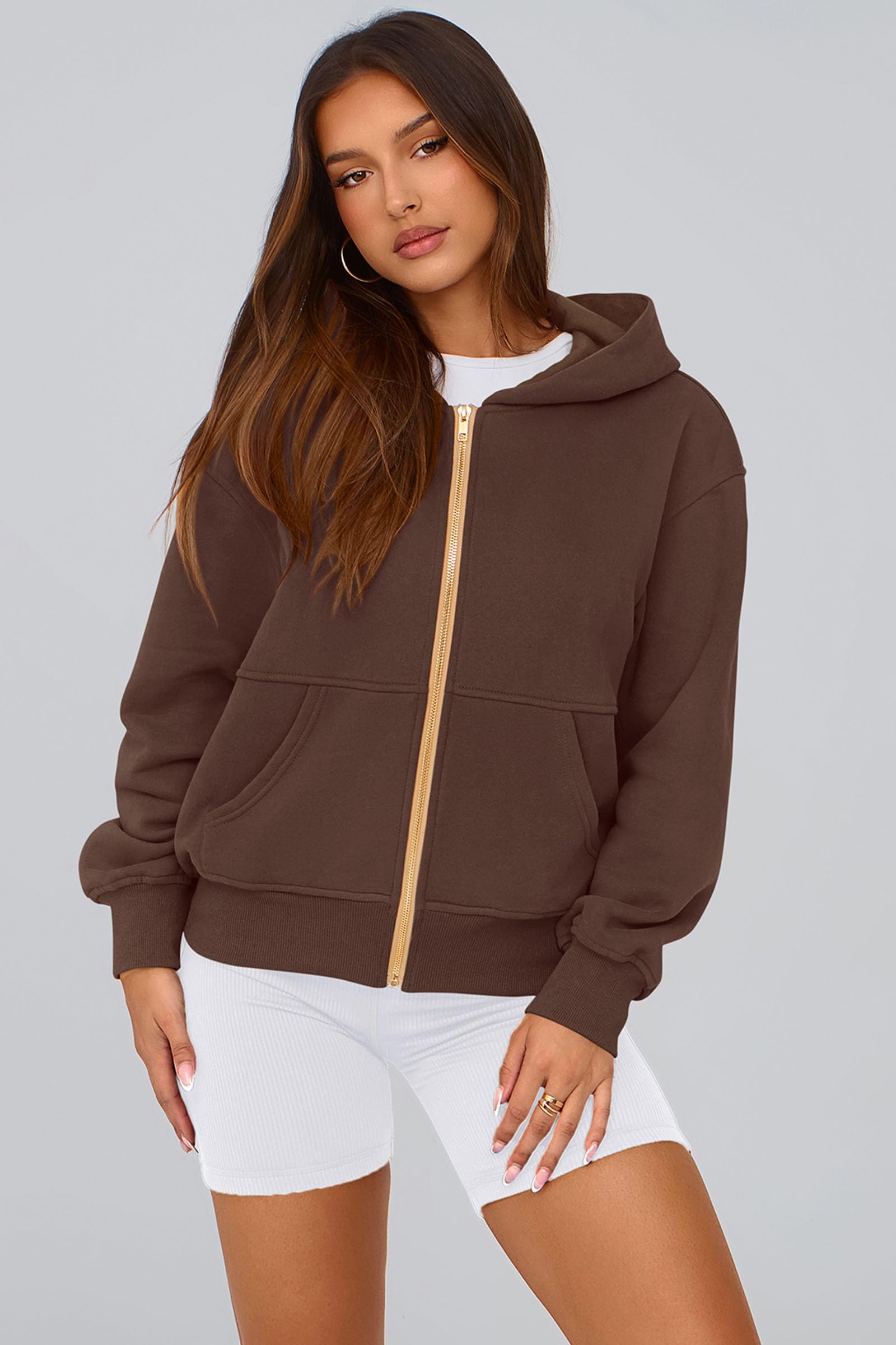 Hoodies for Women Fall Fashion Zip Up Fleece Plain Sweatshirt