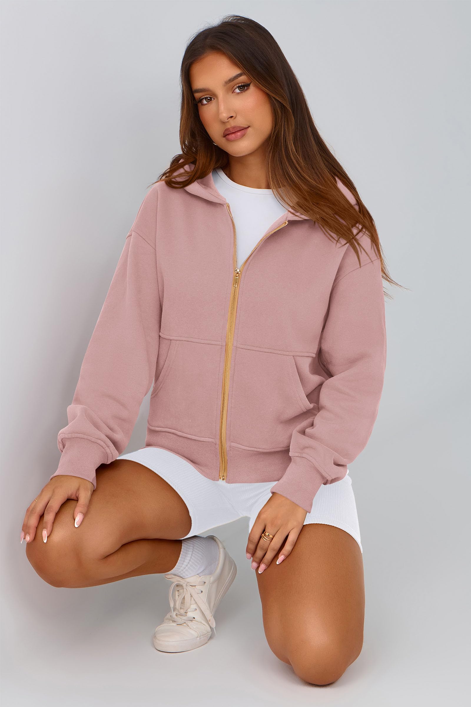 Hoodies for Women Fall Fashion Zip Up Fleece Plain Sweatshirt