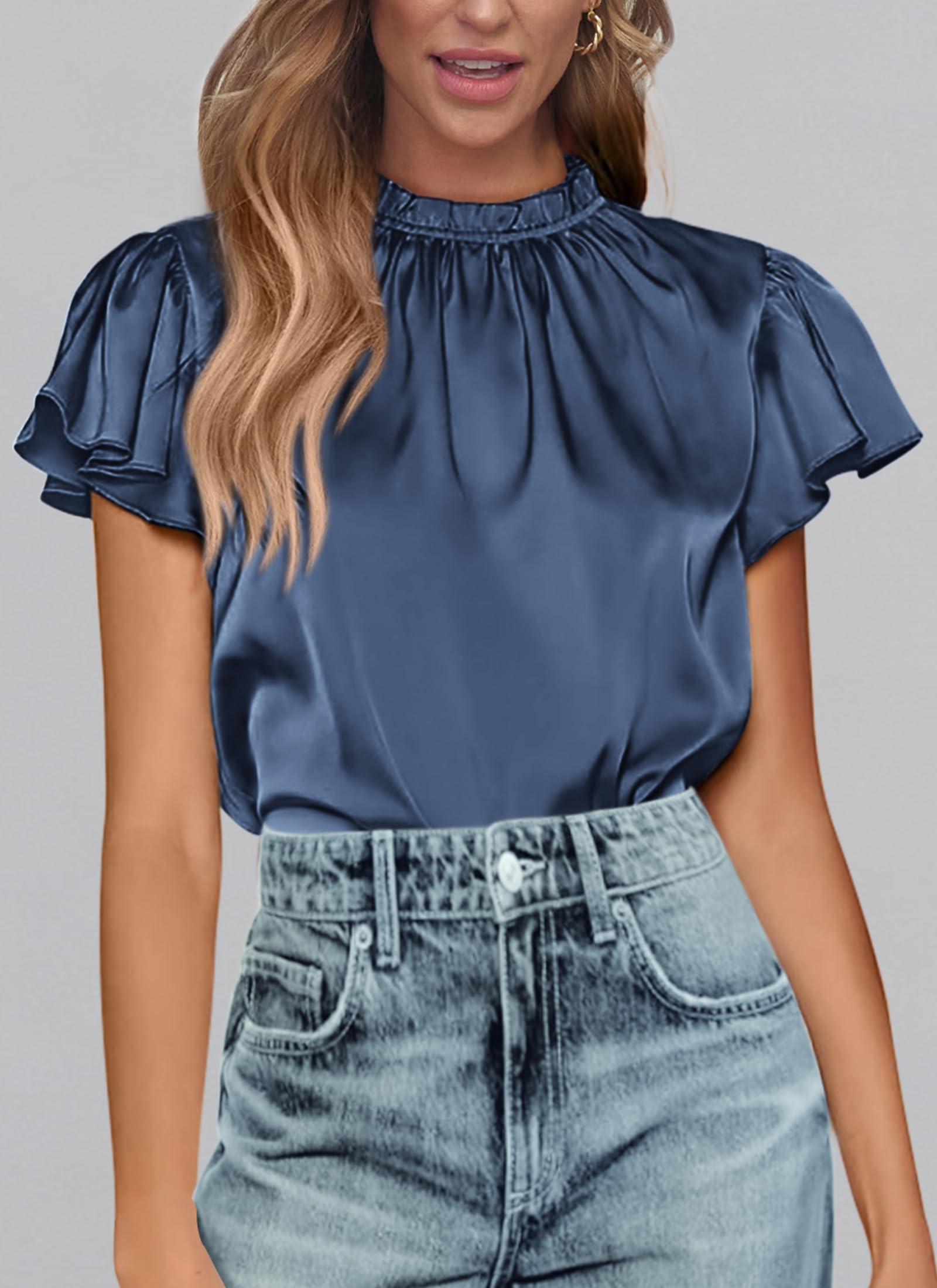 Women's Satin Tops Business Casual Work Blouses, Grey Blue,M
