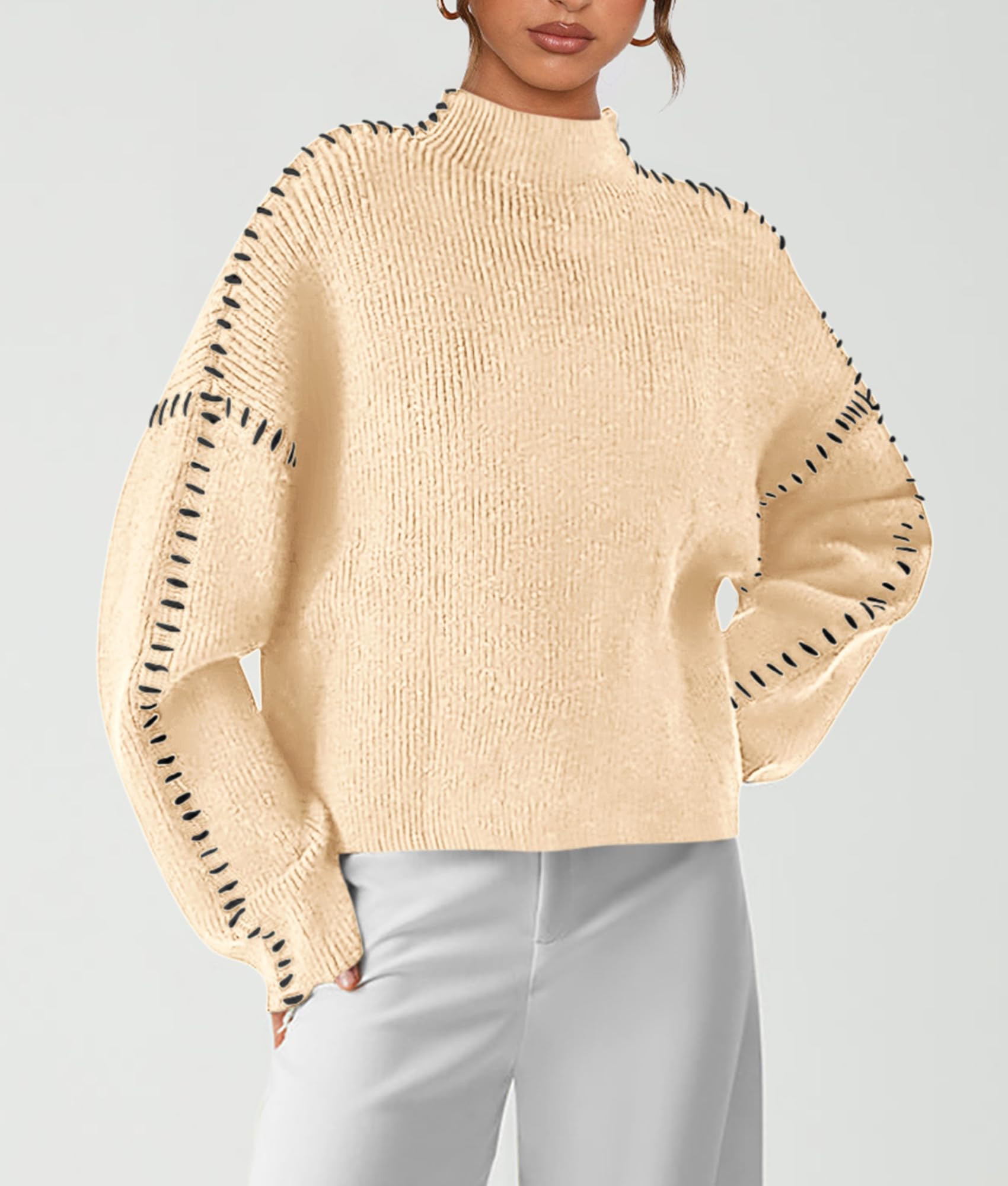 Womens Chunky Knit Oversized Pullover Sweaters,Beige,S