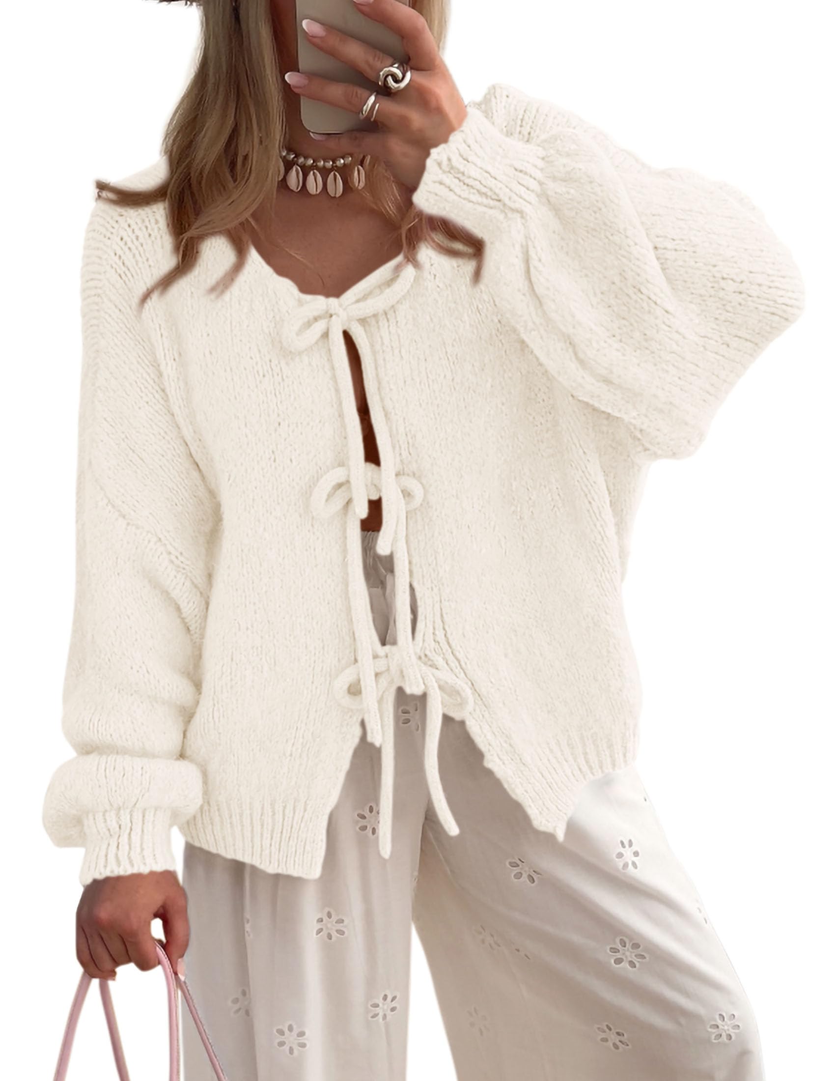 Women's Tie Front Bow Cardigan Sweaters(White,Small)