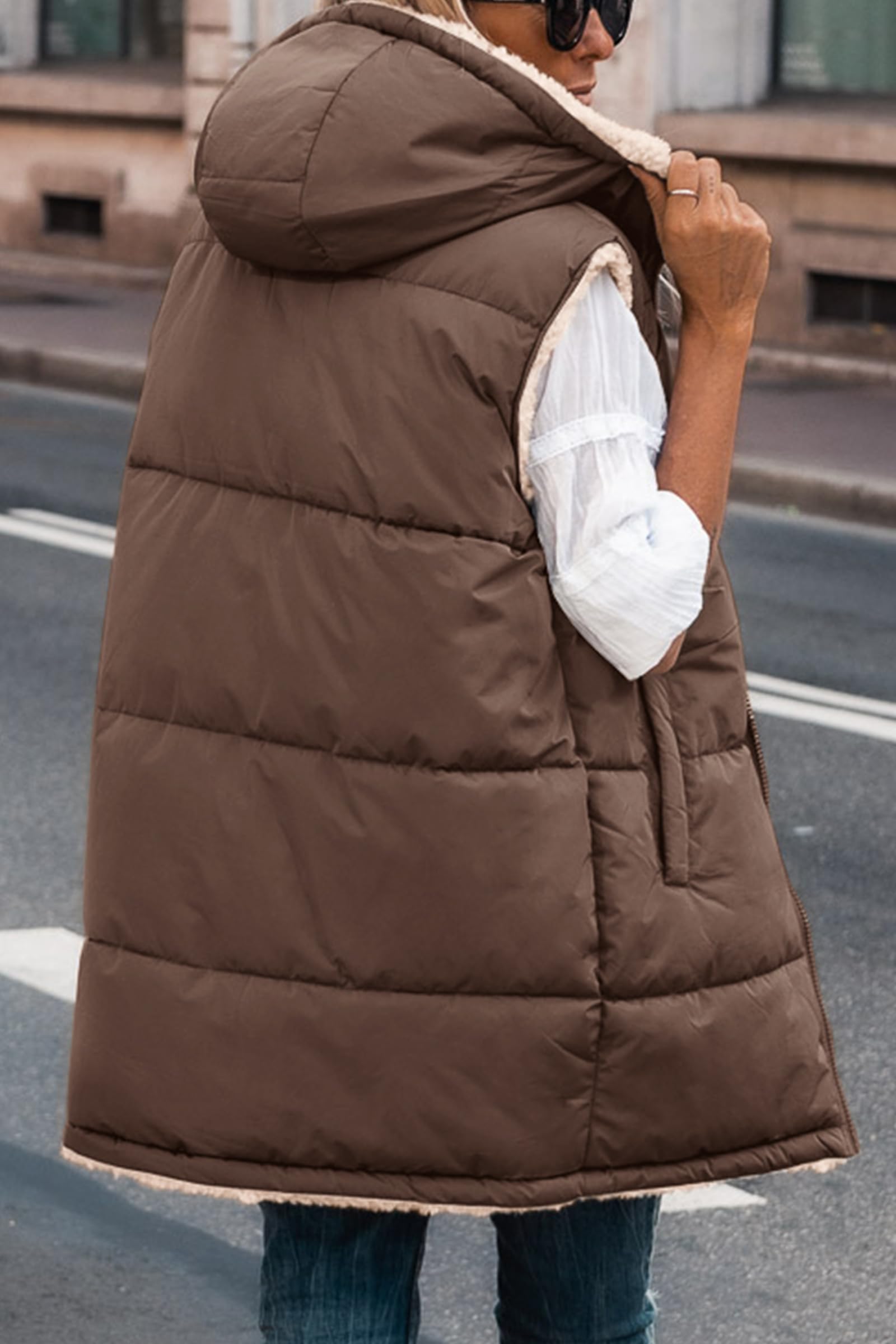 Women's Winter Reversible Fleece Long Vests(Coffee,M)