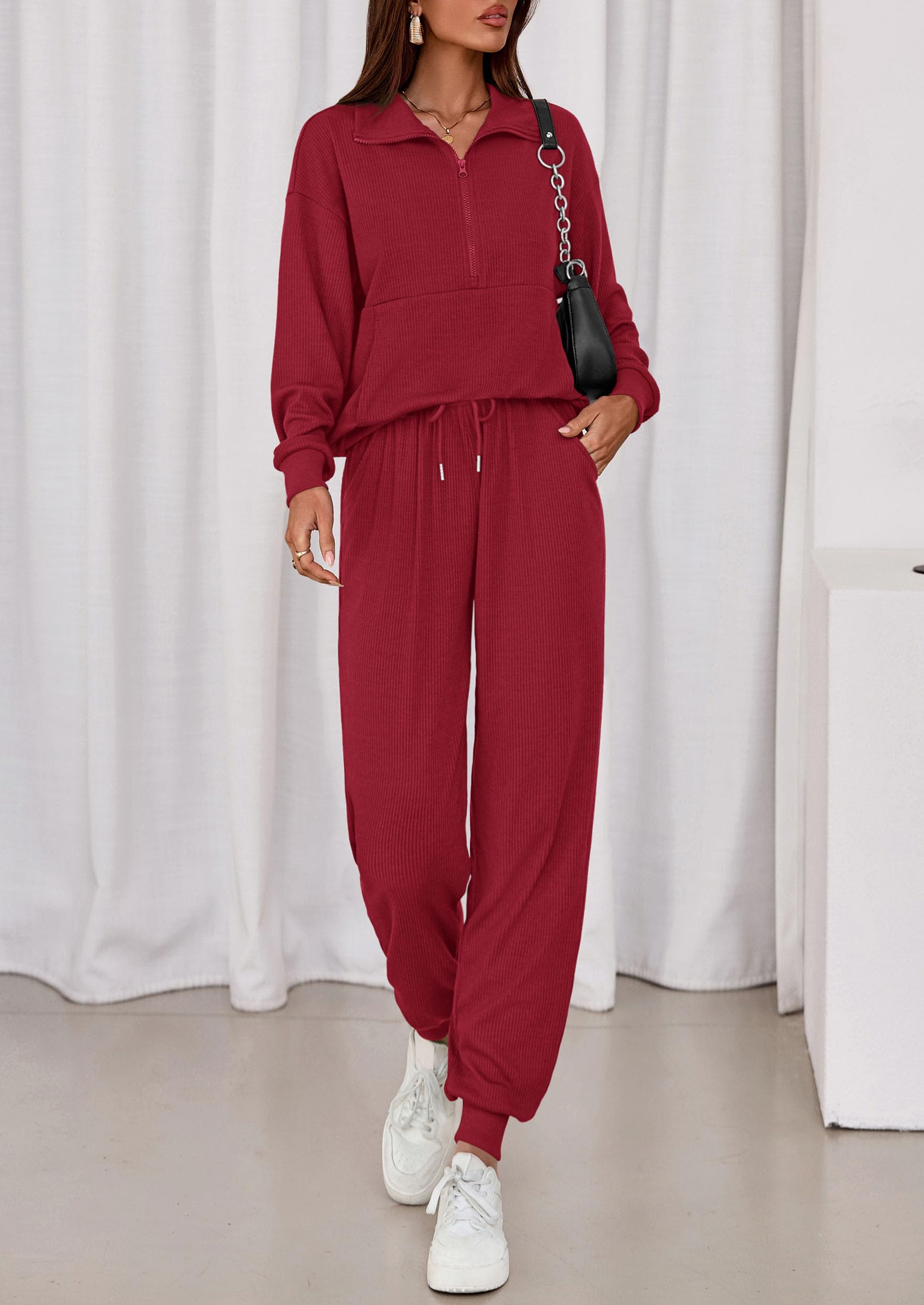 Airport Travel Outfit Women Ribbed Knit Matching Lounge Sets