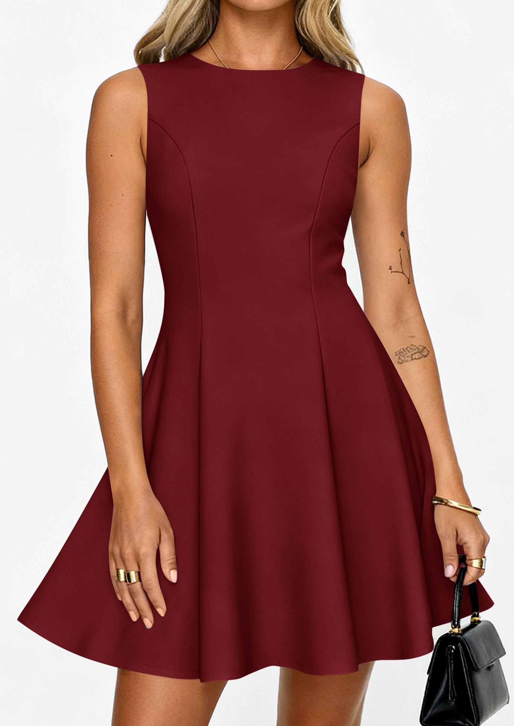 Women's Formal Boat Neck A Line Mini Dress,Burgundy,S